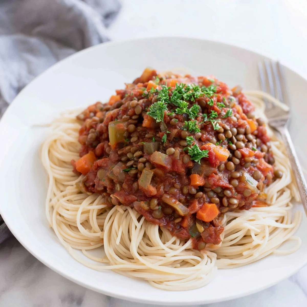 Hearty Lentil Bolognese sauce simmering in a pan, with rich tomato aroma and a side of cooked spaghetti ready for serving.