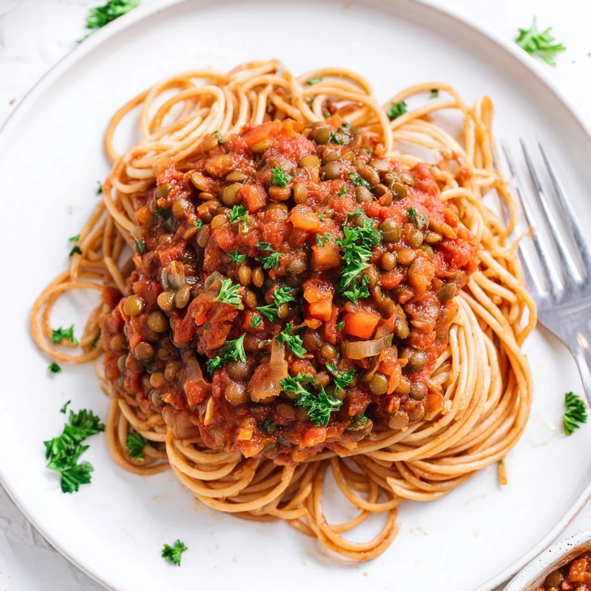 A close-up of a steaming bowl of Lentil Bolognese over pasta, garnished with fresh basil and a sprinkle of vegan cheese.