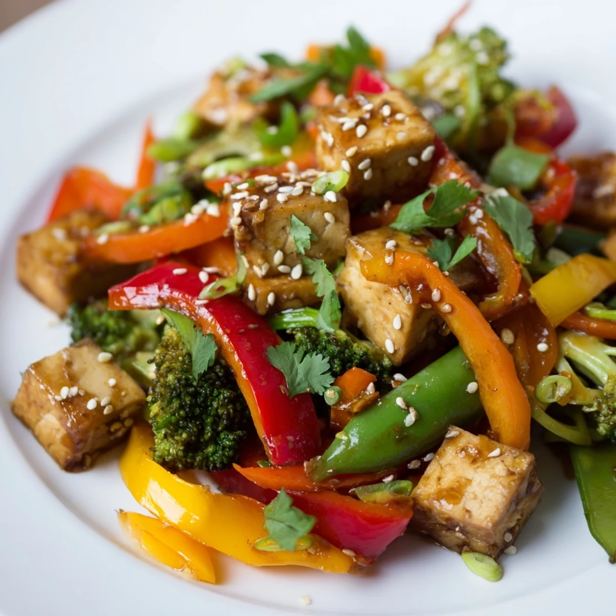 Golden cubes of pan-seared tempeh mingle with vibrant red bell peppers, crisp sugar snap peas, and bright green broccoli florets in this savory Vegetable Tempeh Stir-Fry.
