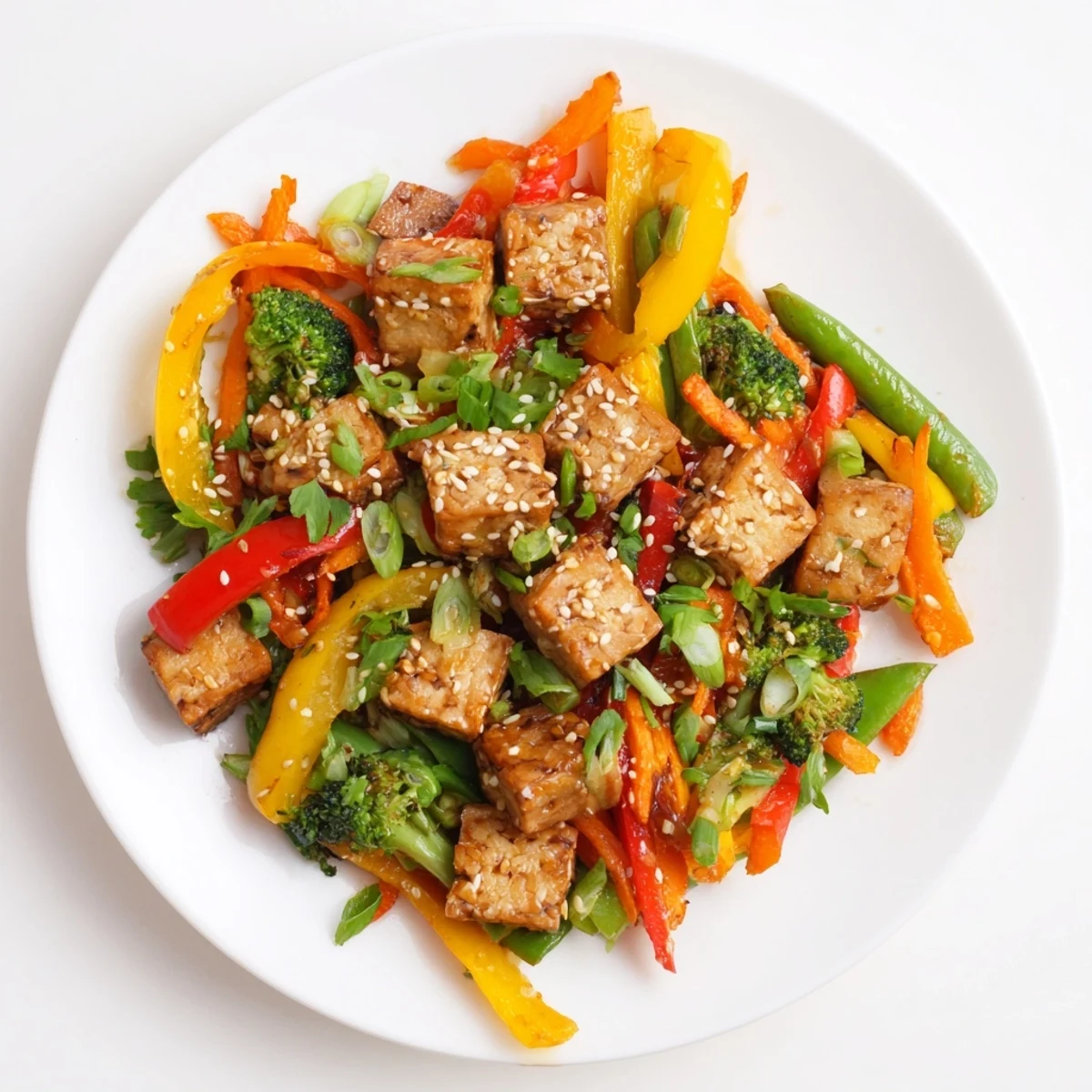 A close-up of steaming Vegetable Tempeh Stir-Fry reveals glistening, colorful vegetables coated in a glossy sesame soy sauce, garnished with fresh cilantro and sesame seeds.