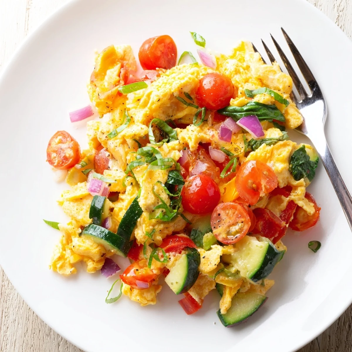 A vibrant plate of Egg and Vegetable Scramble with fluffy eggs, bright red peppers, and wilted spinach.