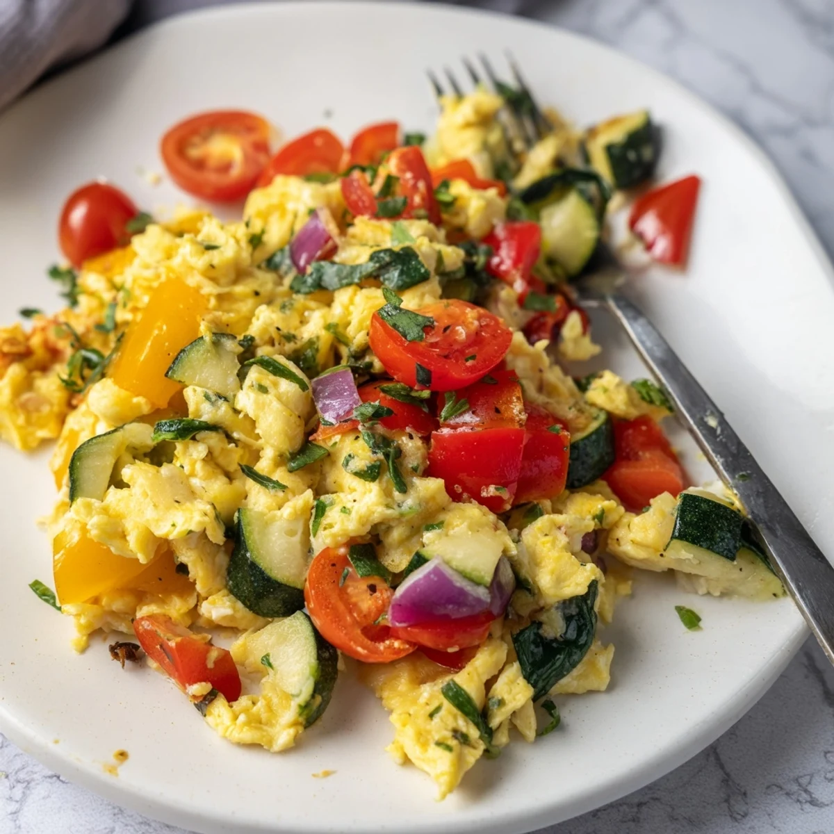 This easy Egg and Vegetable Scramble features creamy eggs mixed with sautéed zucchini, tomatoes, and herbs.