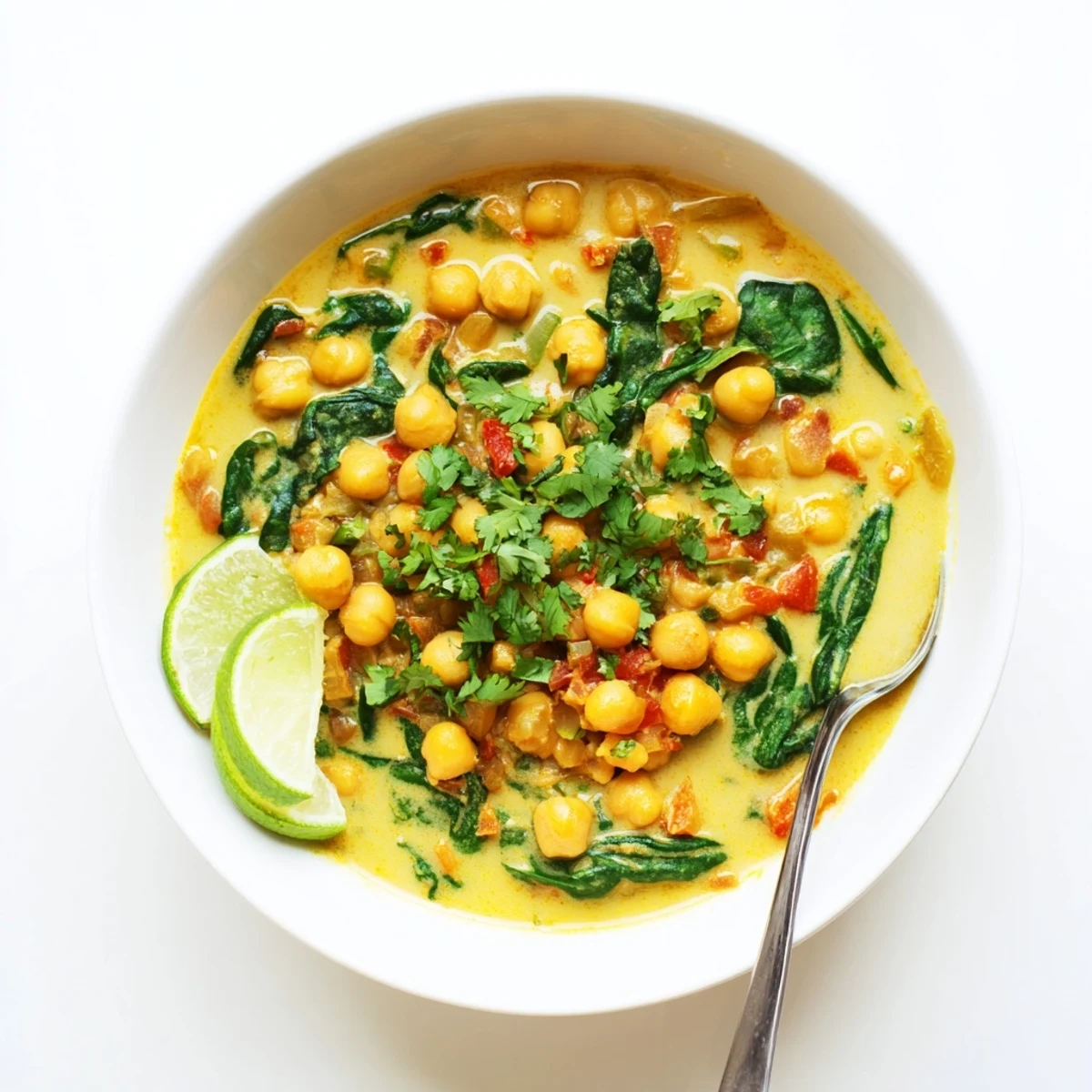 A steaming bowl of Chickpea Curry with creamy coconut sauce and fresh cilantro garnish on a rustic table.