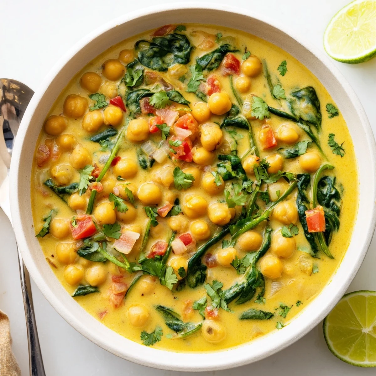 Close-up of Chickpea Curry featuring tender chickpeas and wilted spinach, with lime wedges and fresh cilantro.