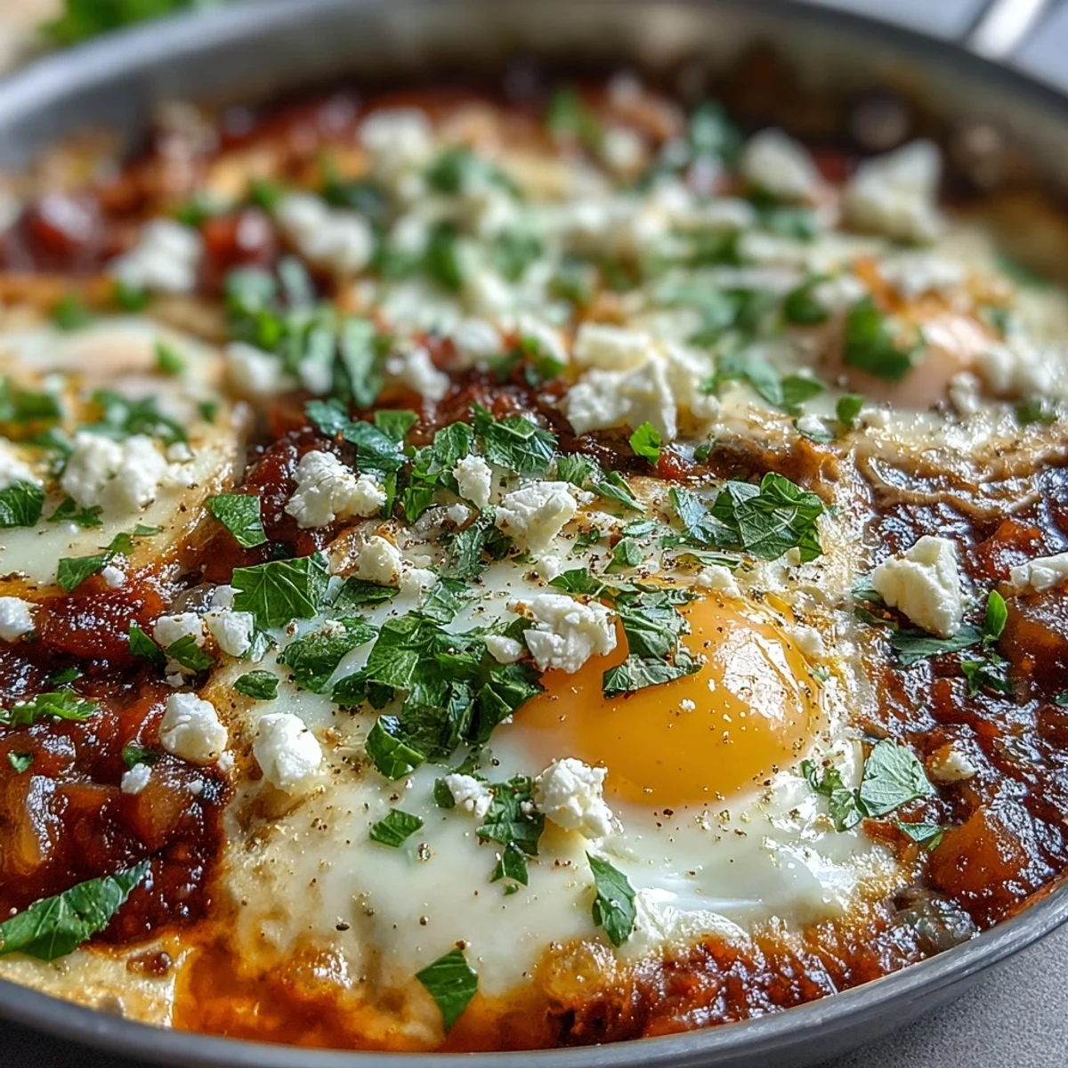 A close-up of shakshuka in a cast iron skillet, featuring vibrant red tomato sauce with poached eggs, fresh parsley, and crumbled feta cheese.