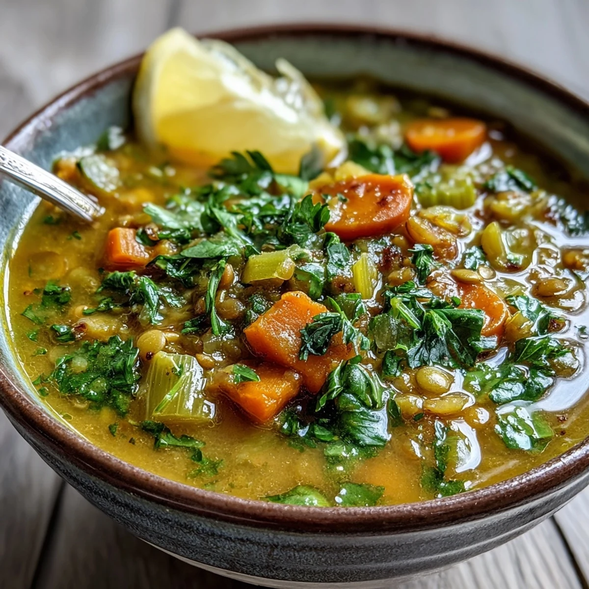 Steaming bowl of Mung Bean Soup, vibrant with diced carrots and celery, served with a lemon wedge.