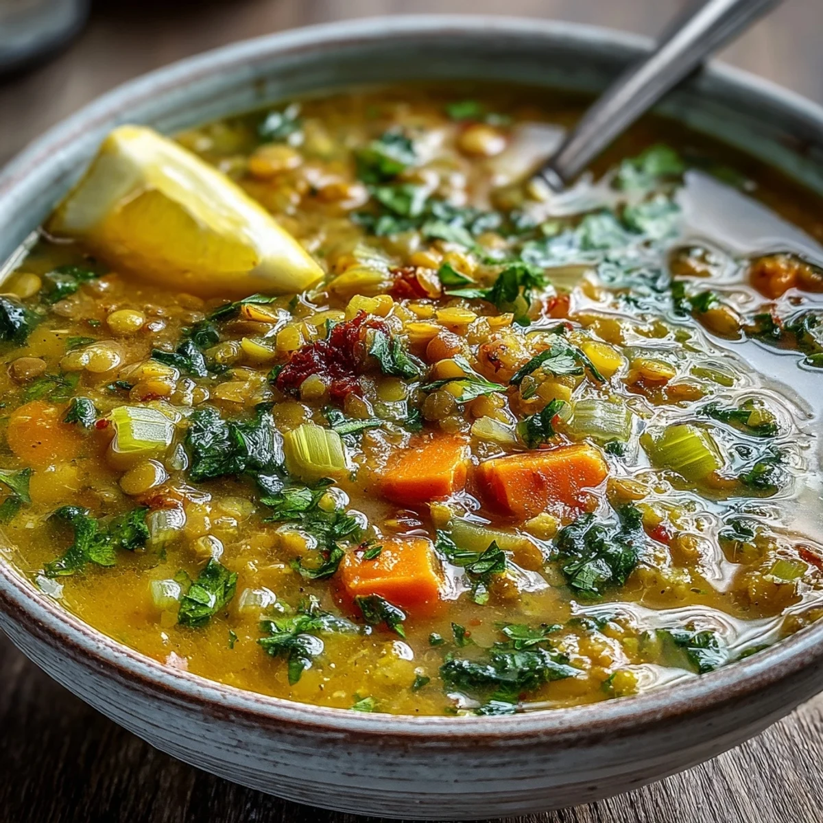 Mung Bean Soup simmering in a pot with cumin seeds, fresh ginger, and chopped tomatoes.