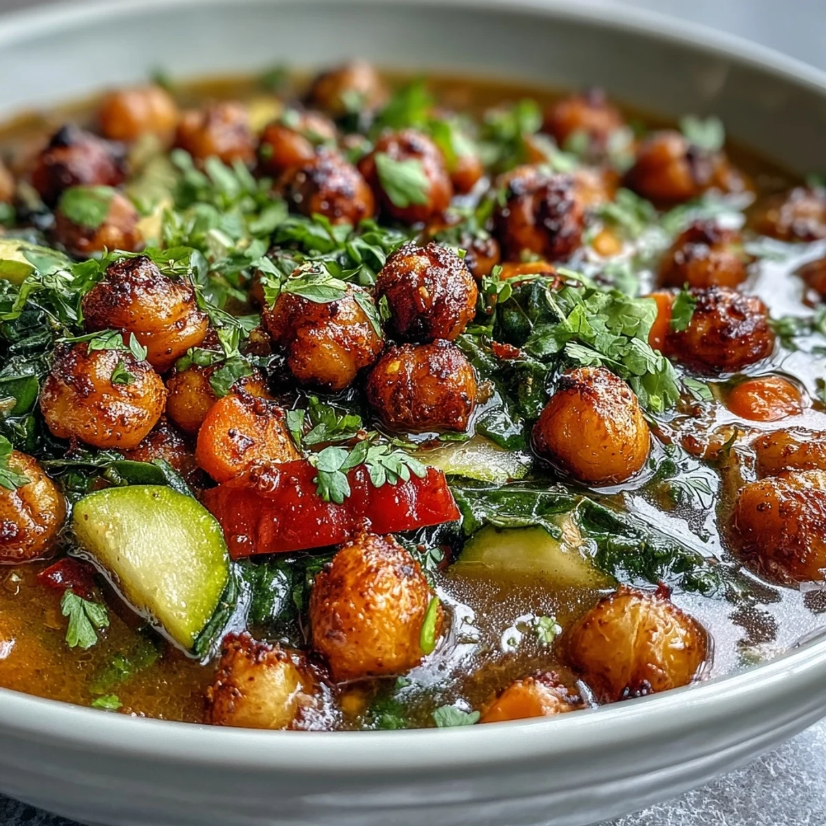 Golden roasted chickpeas simmer with kale and carrots in Spiced Chickpea and Vegetable Soup.