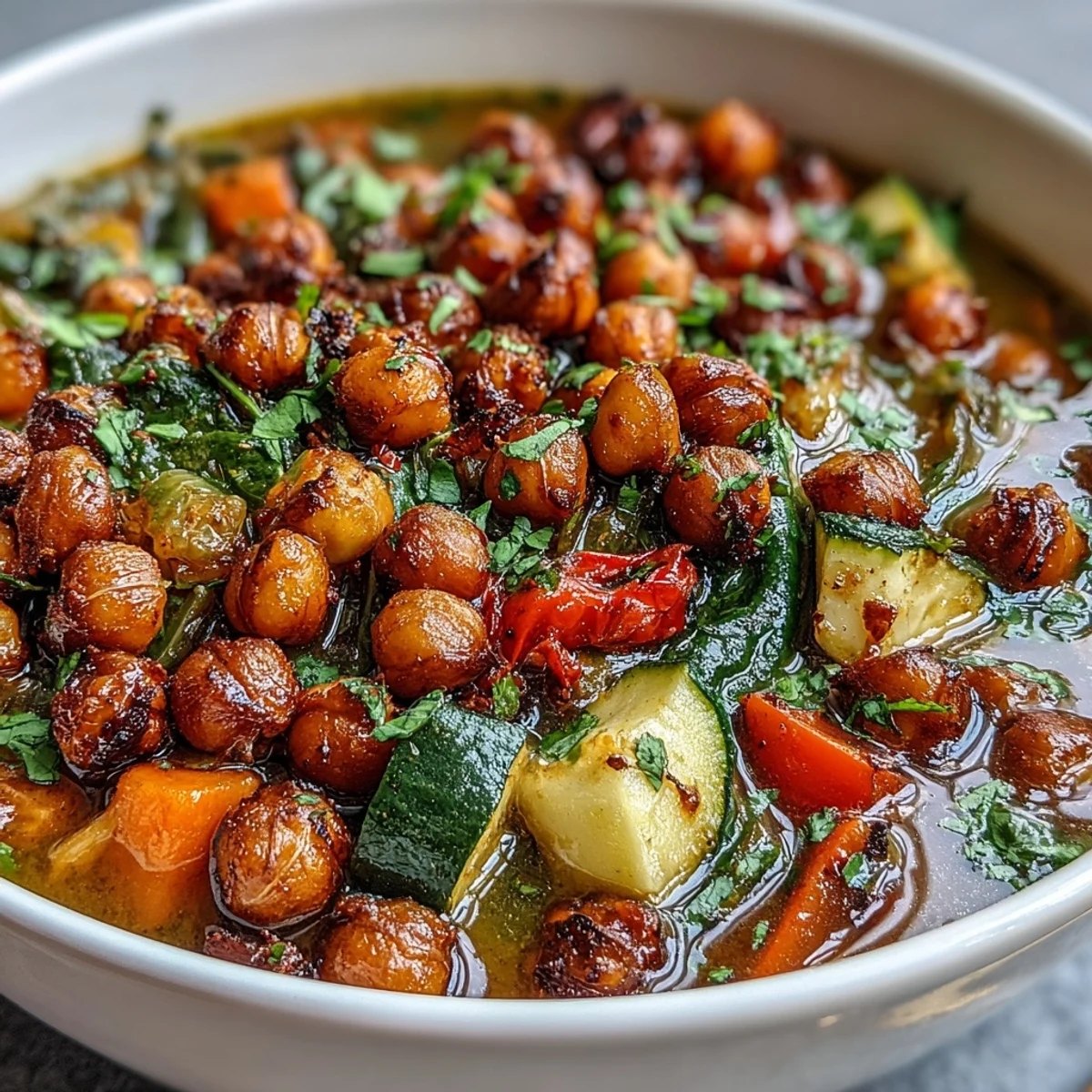 Aromatic Spiced Chickpea and Vegetable Soup with roasted chickpeas and vibrant vegetables ready to enjoy.