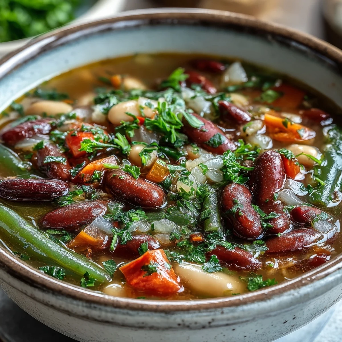 Close-up of a hearty Three-Bean Salad Soup with kidney beans, green beans, and cherry tomatoes in a savory broth, garnished with fresh parsley.