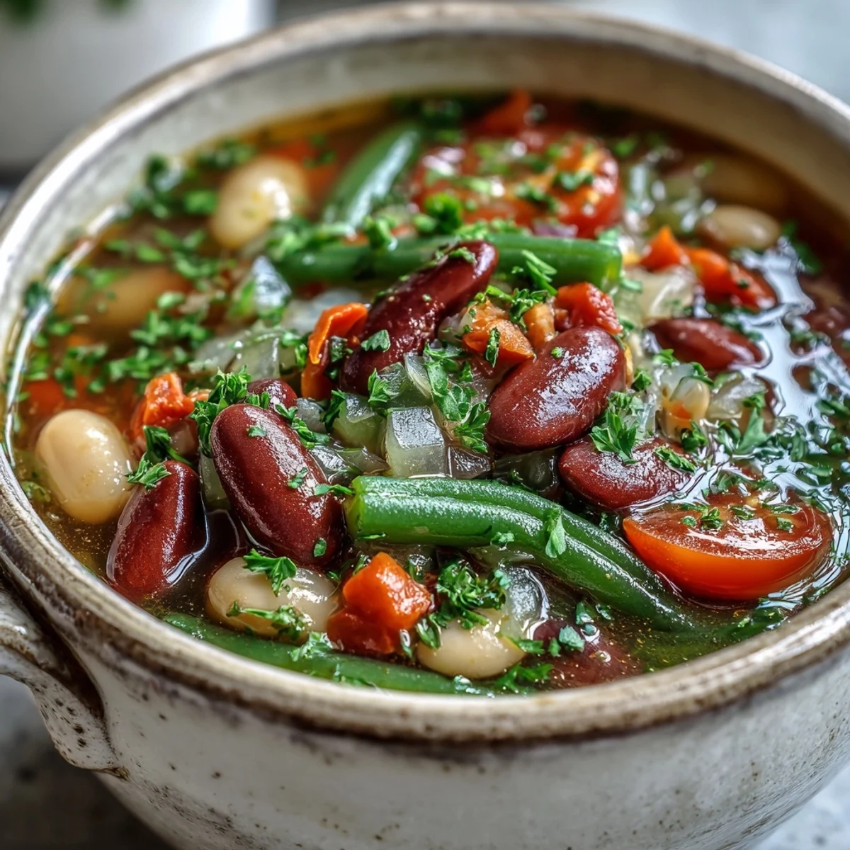 A steaming bowl of Three-Bean Salad Soup with a colorful mix of beans, diced bell peppers, and a tangy vinaigrette-inspired broth.