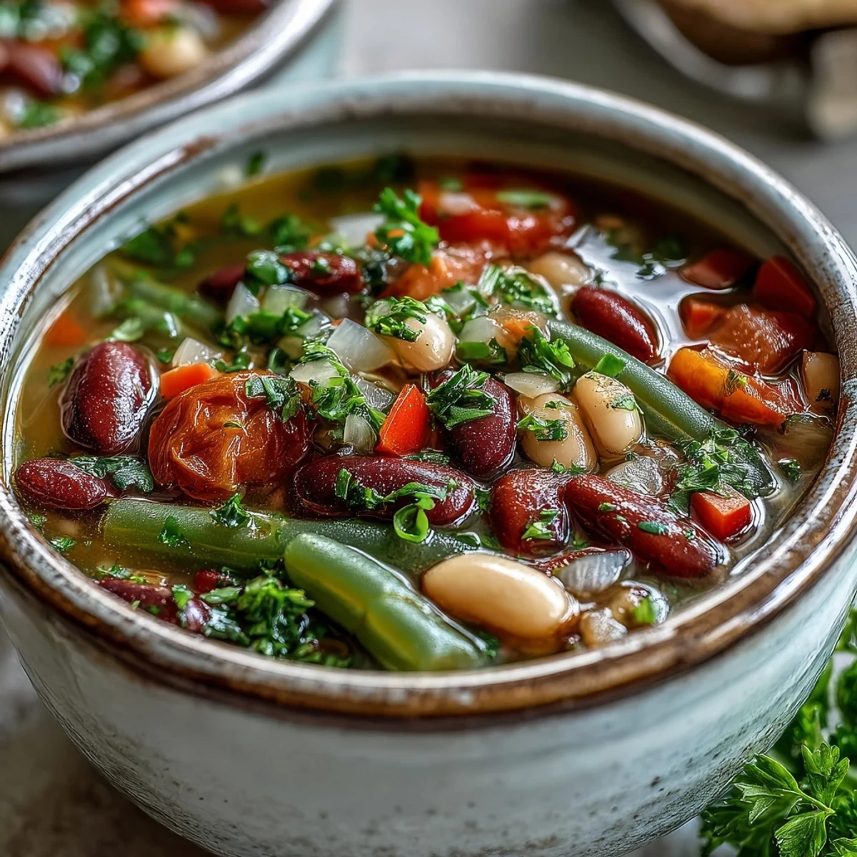 Healthy vegetarian Three-Bean Salad Soup served hot with crusty bread, showcasing red onions, celery, and a vibrant vegetable medley.
