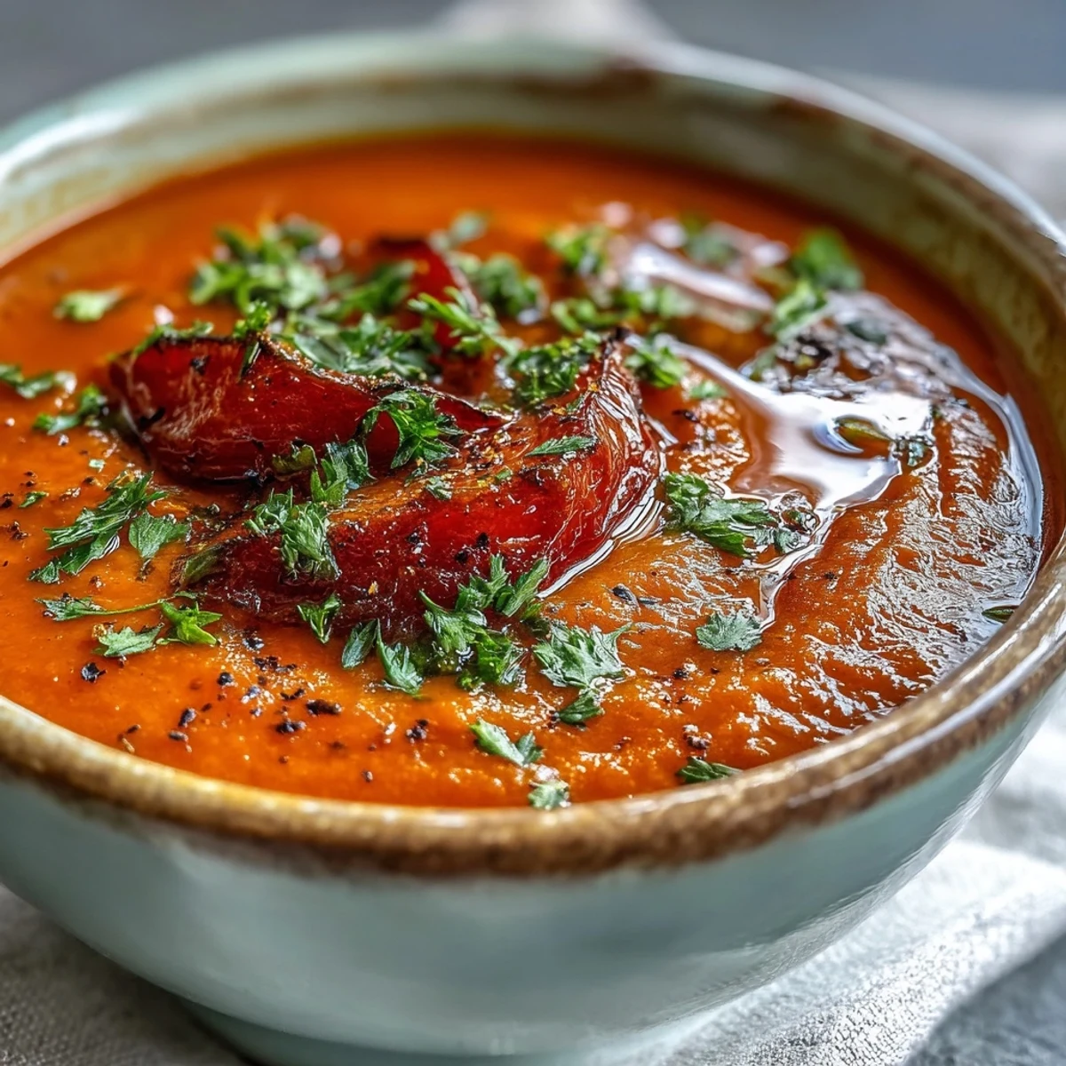 Velvety Roasted Vegetable Soup in a rustic bowl, garnished with fresh parsley and a drizzle of olive oil.