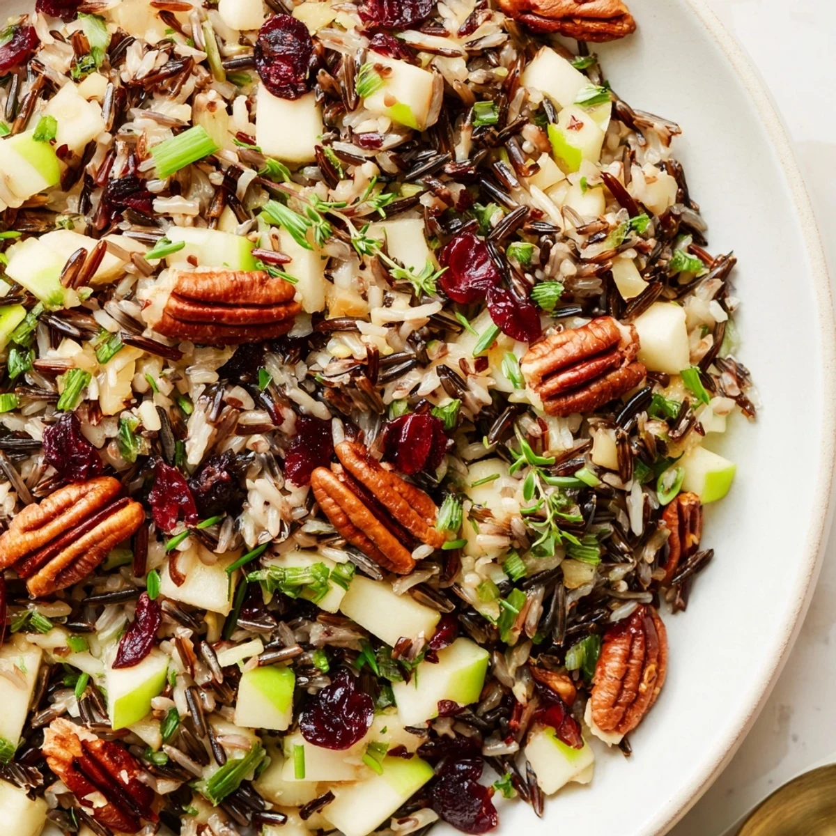 Wild Rice Harvest Salad with toasted pecans and dried cranberries in a rustic ceramic bowl.