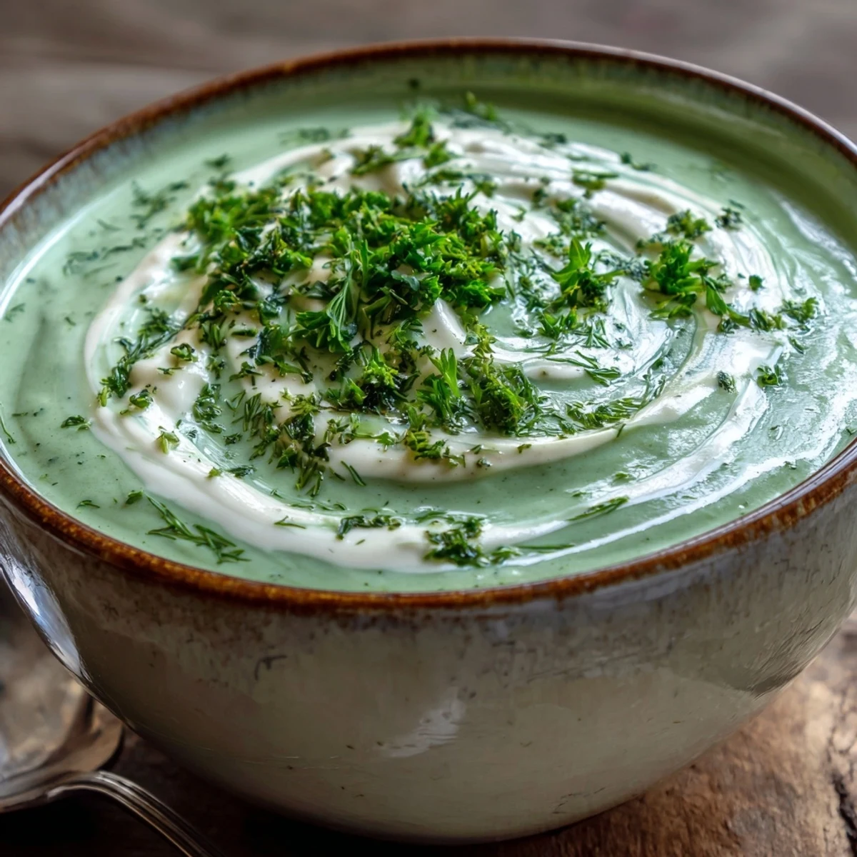 A bowl of Creamy Celery and Herb Soup beside crusty bread on a rustic wooden table, perfect for dipping.