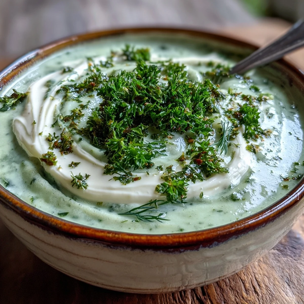 Creamy Celery and Herb Soup served steaming hot in a white bowl, garnished with fresh chives and parsley sprigs.