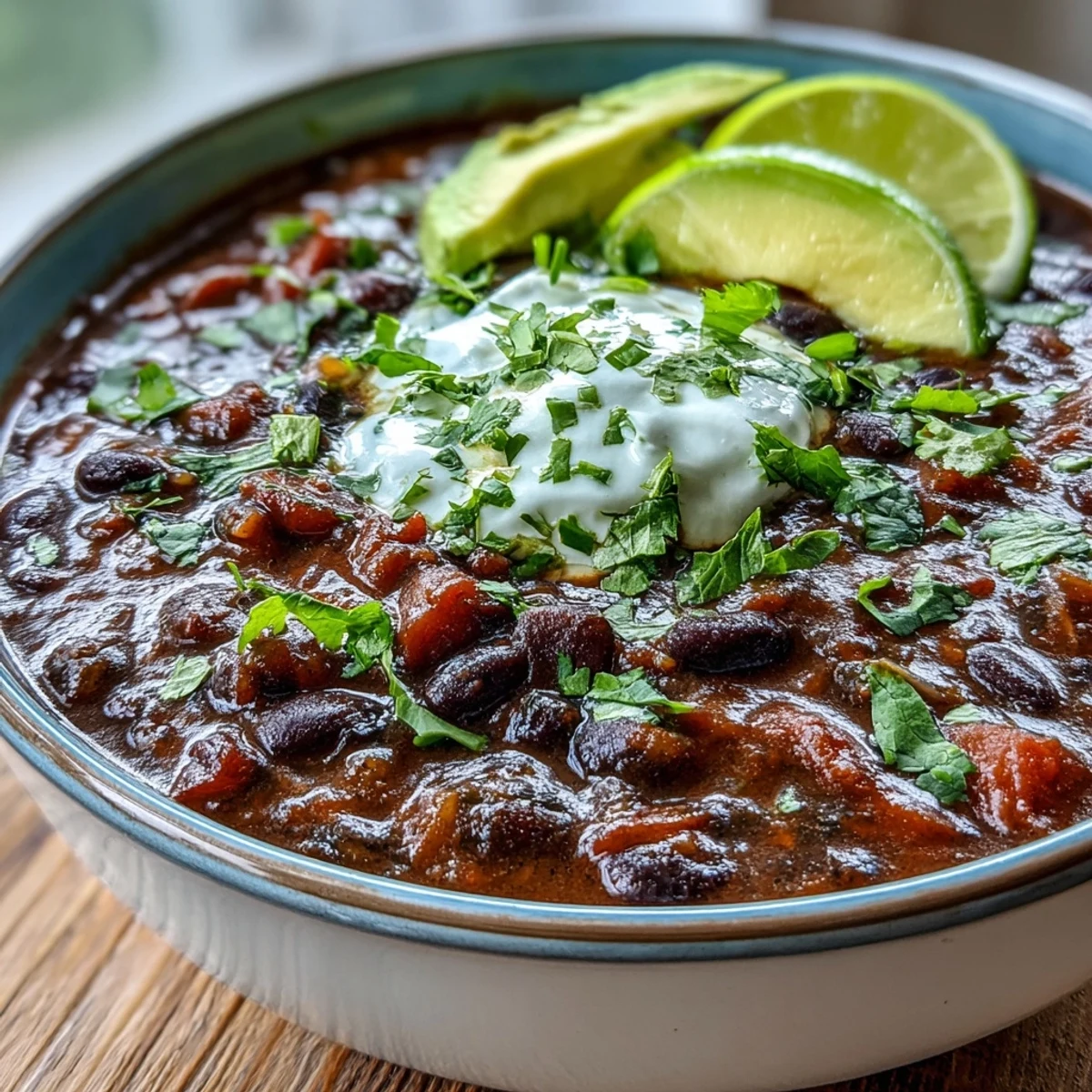 A comforting bowl of Black Bean Soup, garnished with cilantro and a dollop of sour cream.