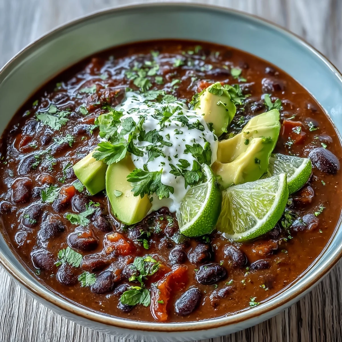 Spicy Black Bean Soup in a rustic bowl, served with a side of crusty bread.