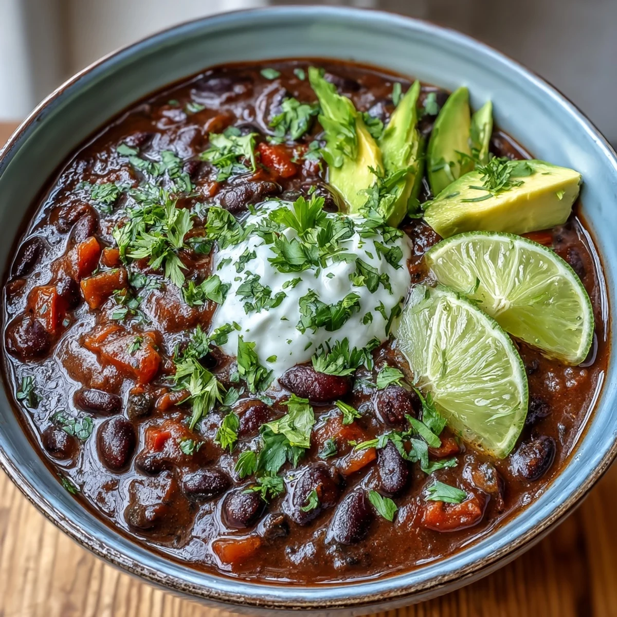 Creamy Black Bean Soup topped with sliced avocado and a squeeze of fresh lime.