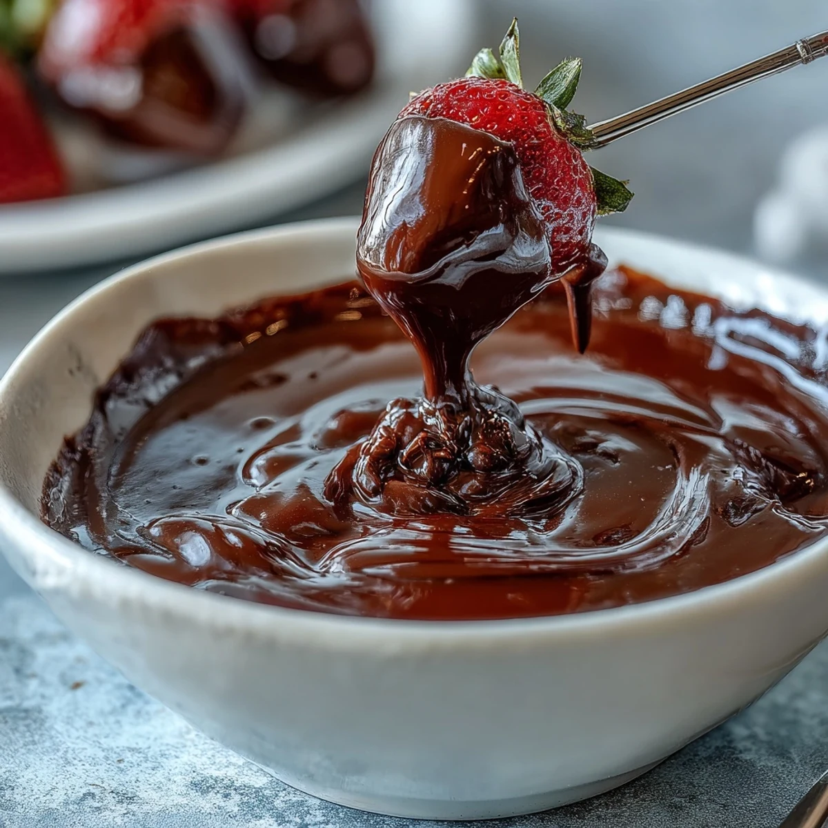 A pot of rich boozy chocolate fondue surrounded by fresh strawberries, banana slices, and marshmallows for dipping.