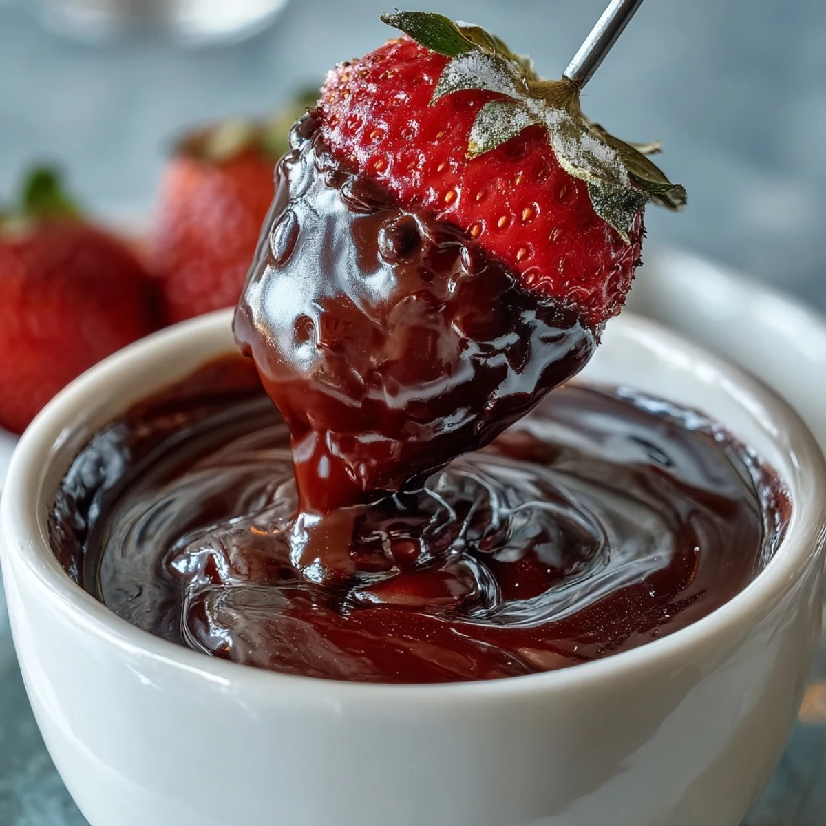 Close-up of creamy boozy chocolate fondue with a glossy texture, ready to be enjoyed with fruit and pastry dippers.