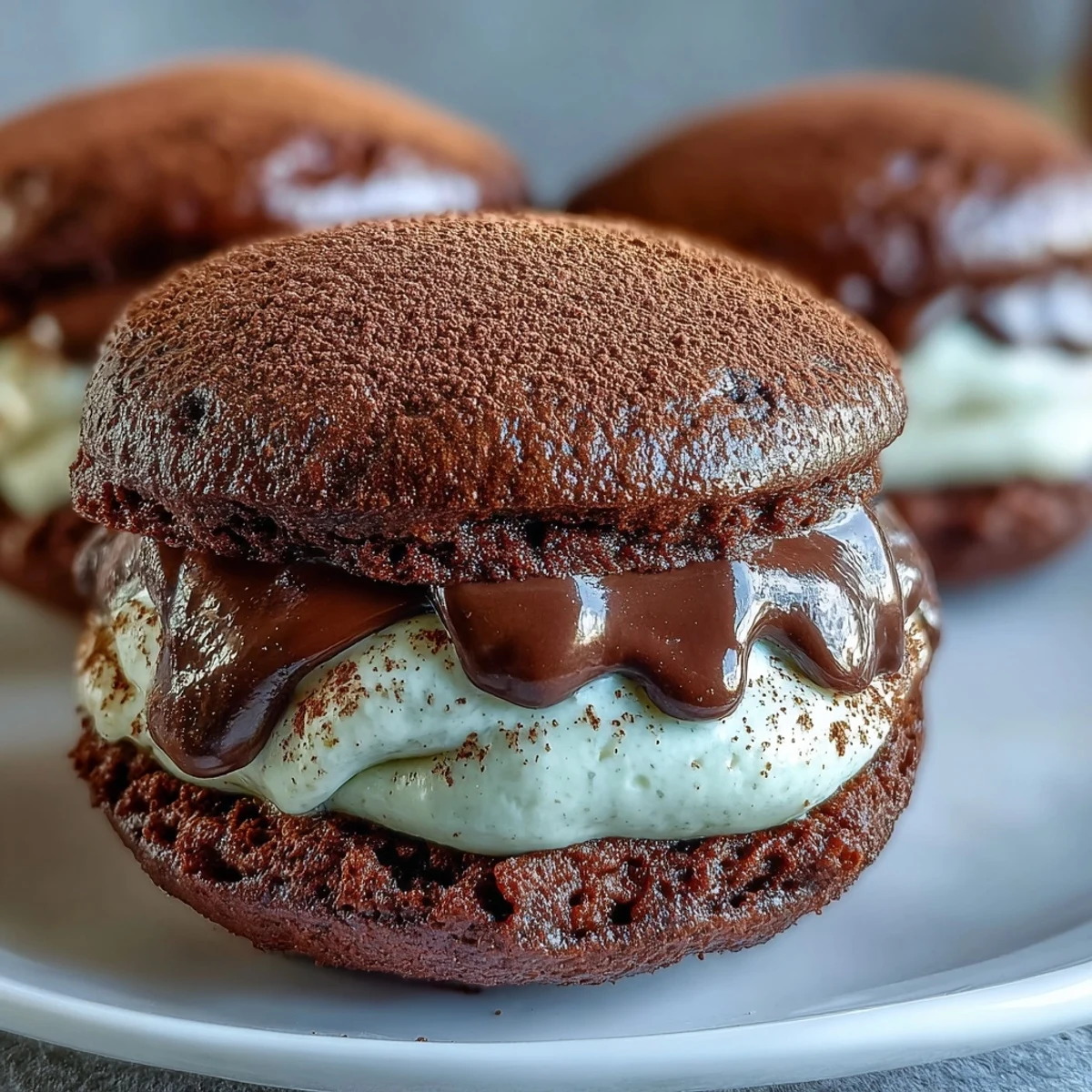 Two soft chocolate whoopie pies filled with creamy coffee mascarpone, dusted with cocoa powder.  