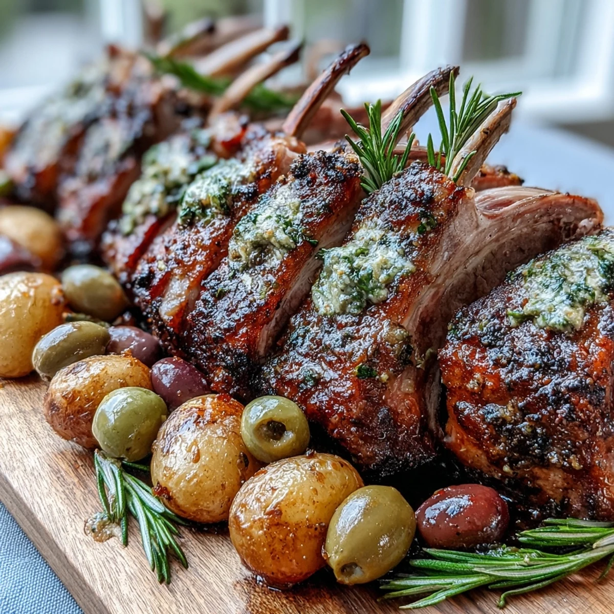 A succulent rack of lamb, roasted to medium-rare, sits beside golden baby potatoes studded with green olives on a rustic baking tray.