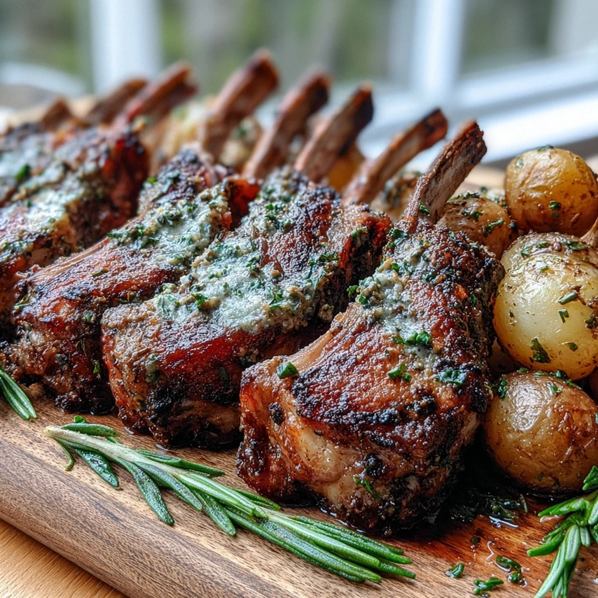 Golden, halved baby potatoes with green olives, fresh parsley, and lemon zest, ready to serve alongside a carved rack of lamb.