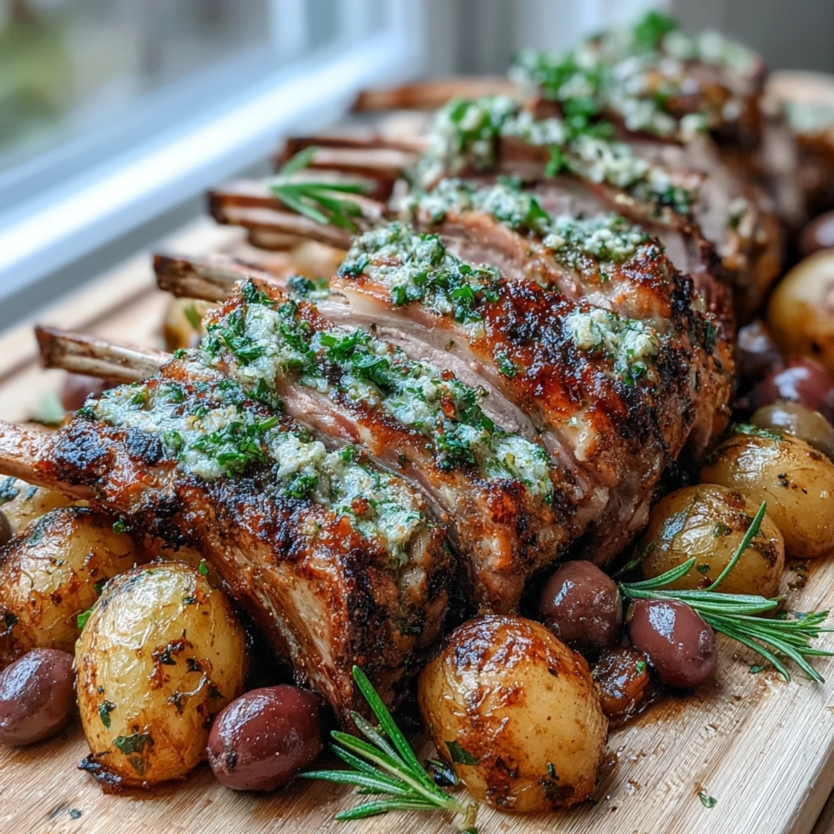 Aromatic rosemary-rubbed lamb chops arranged over paprika-seasoned potatoes and briny green olives, perfect for a romantic dinner for two.