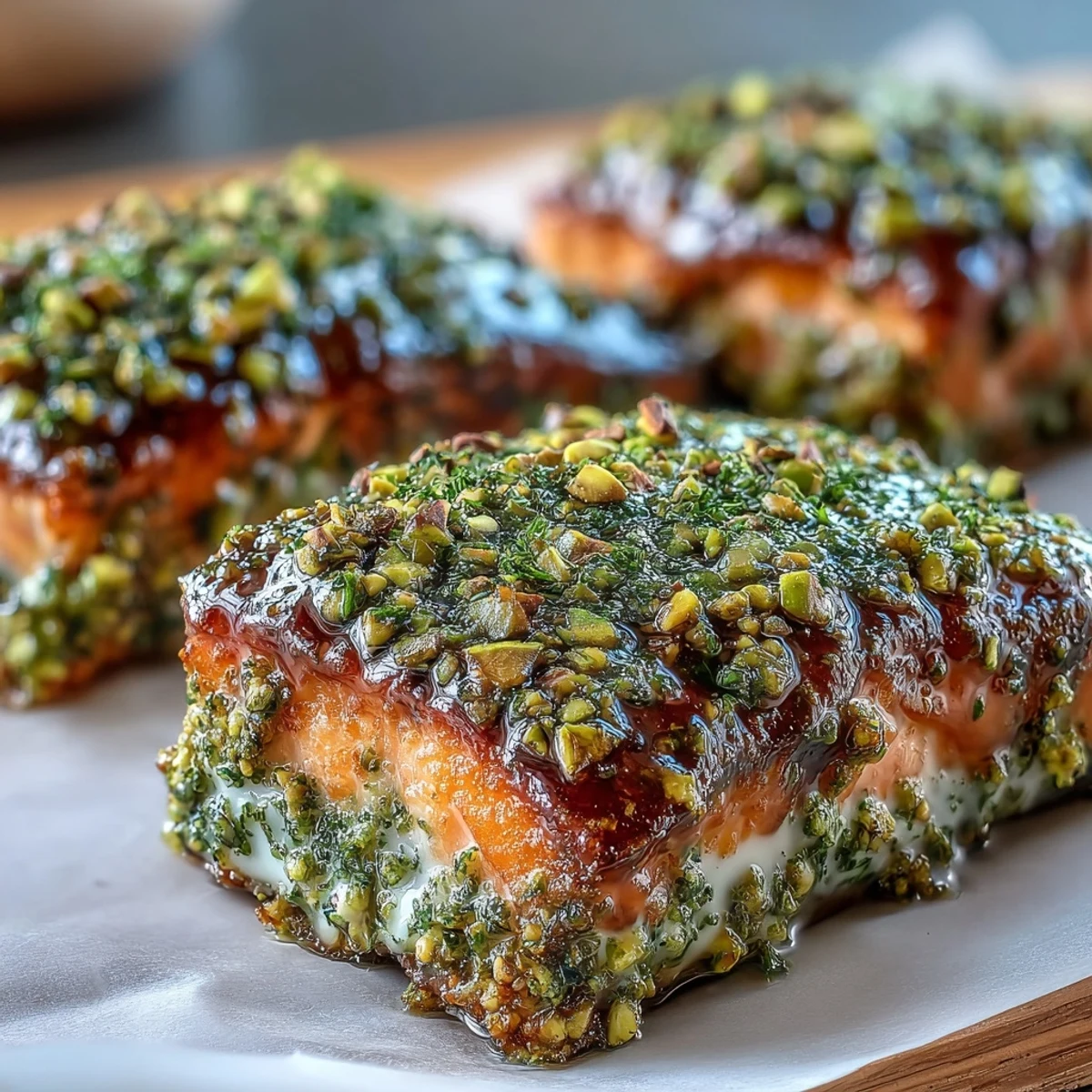 Confit Salmon With Tahini, Pistachio and Herb Crust is served warm with lemon wedges and fresh herbs on a plate.