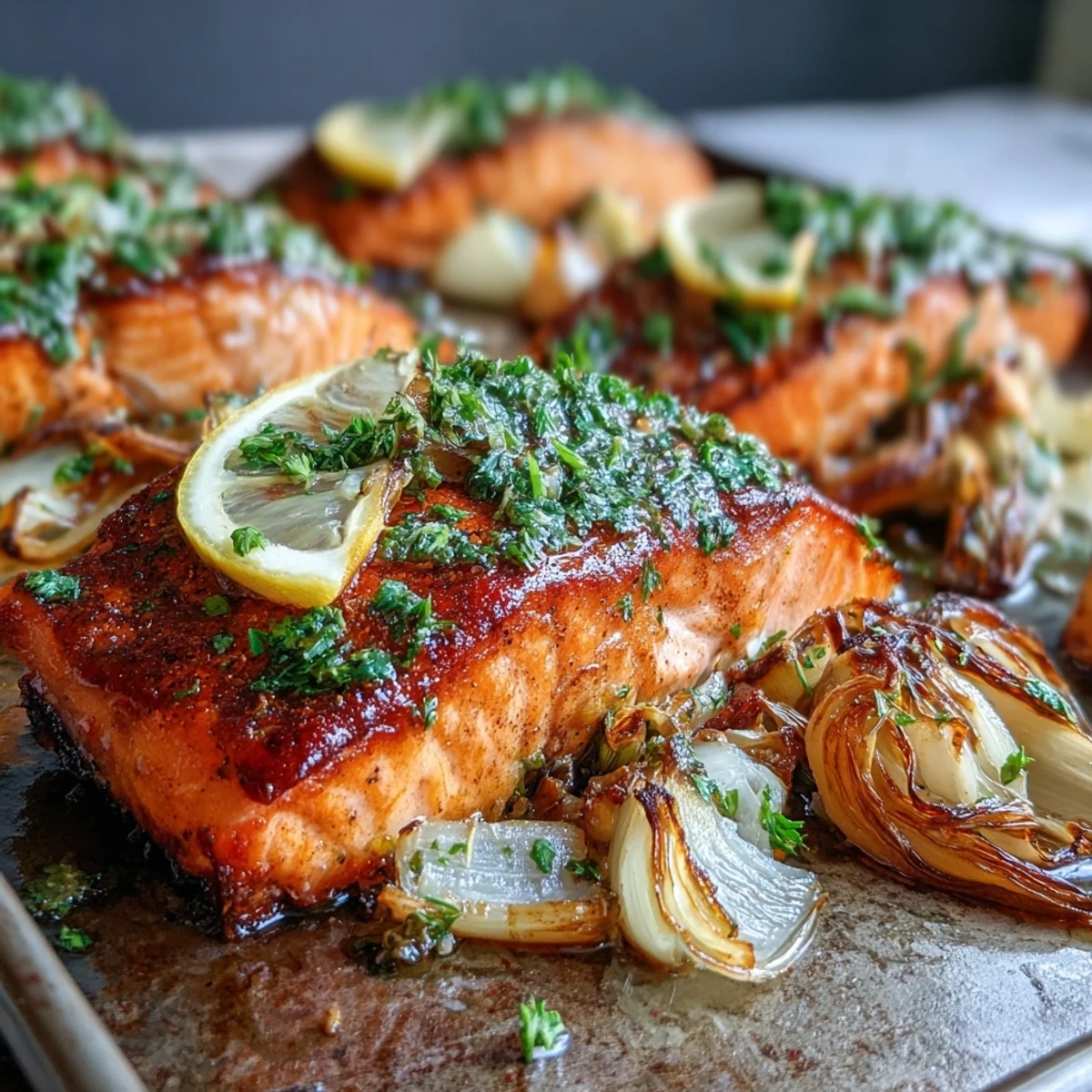 Roasted salmon fillets nestled with caramelized leeks and onions, finished with a bright parsley dressing on a rustic platter.