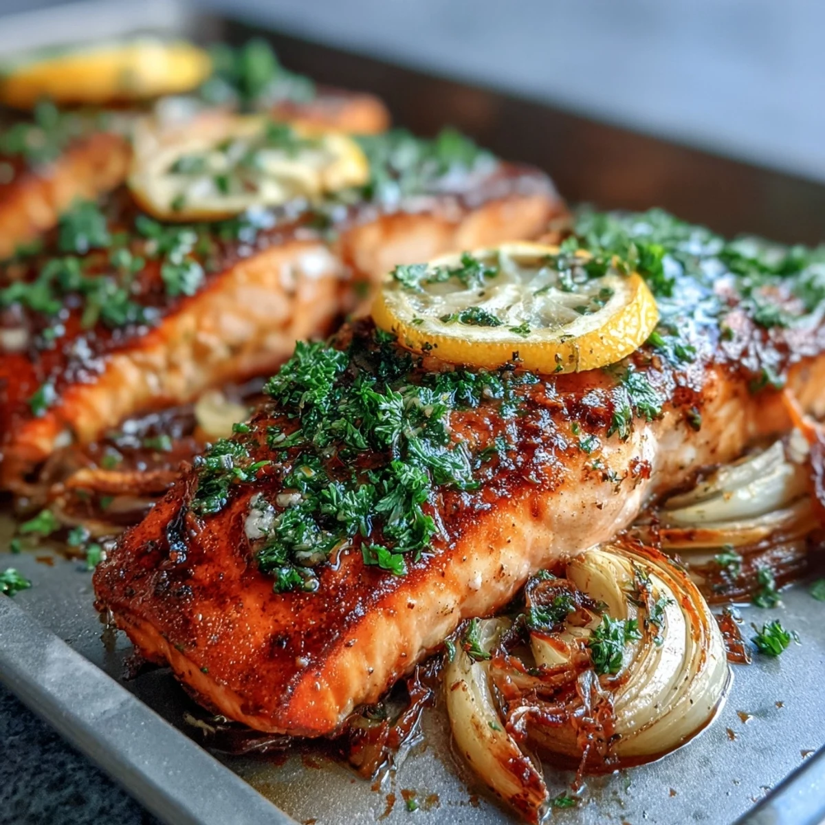 One-Pan Roast Salmon served alongside tender roasted vegetables, topped with a fresh lemony parsley sauce perfect for a quick dinner.