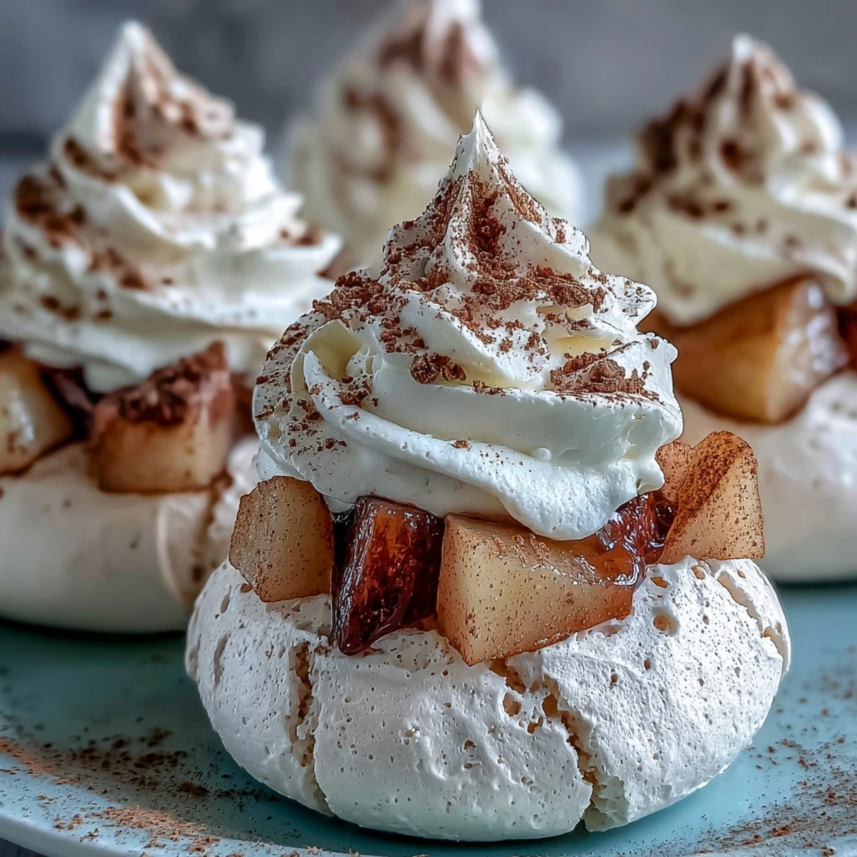 Crisp Mini Hot Toddy Pavlovas are filled with whipped cream and whisky-poached pear chunks.