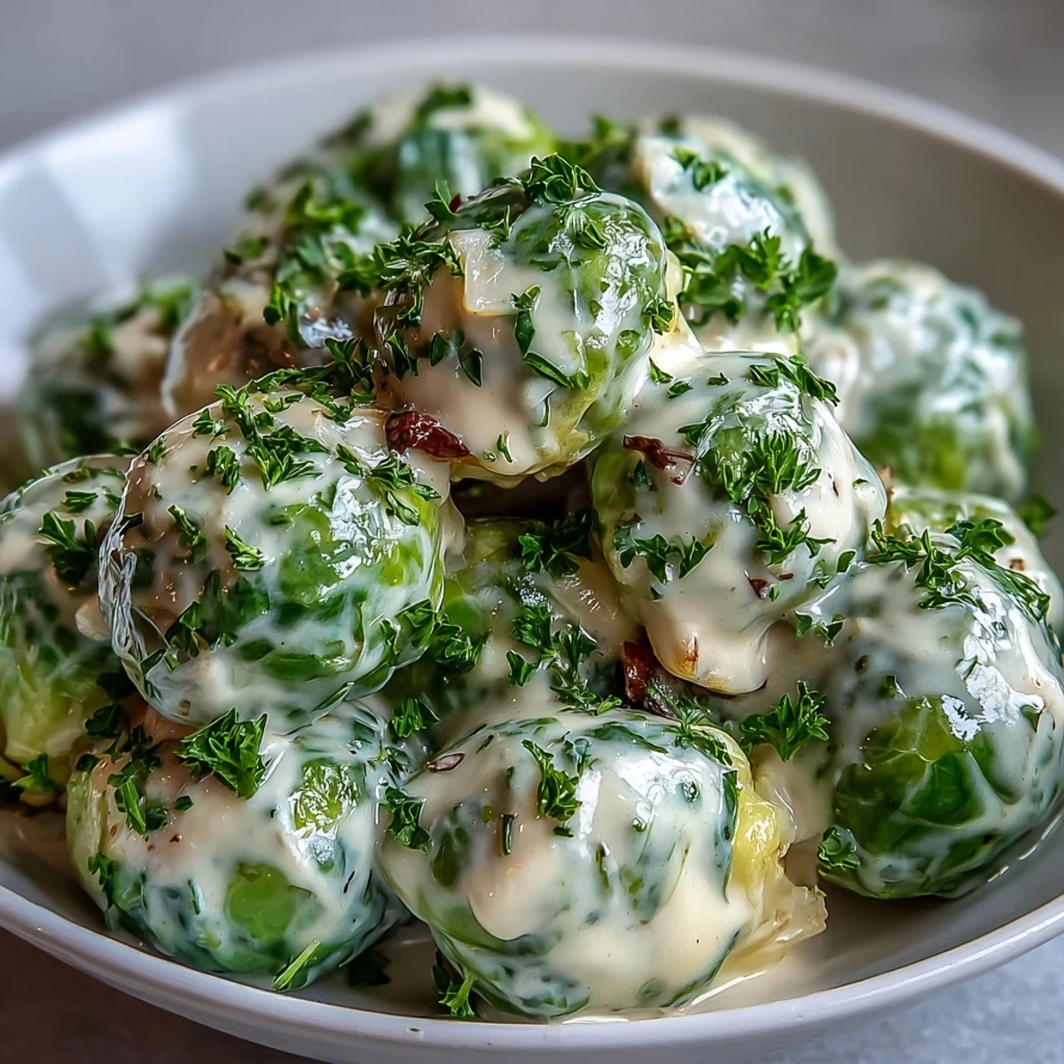 Tender Brussels sprouts coated in silky cream cheese-mustard sauce, steaming in a skillet and ready to serve.