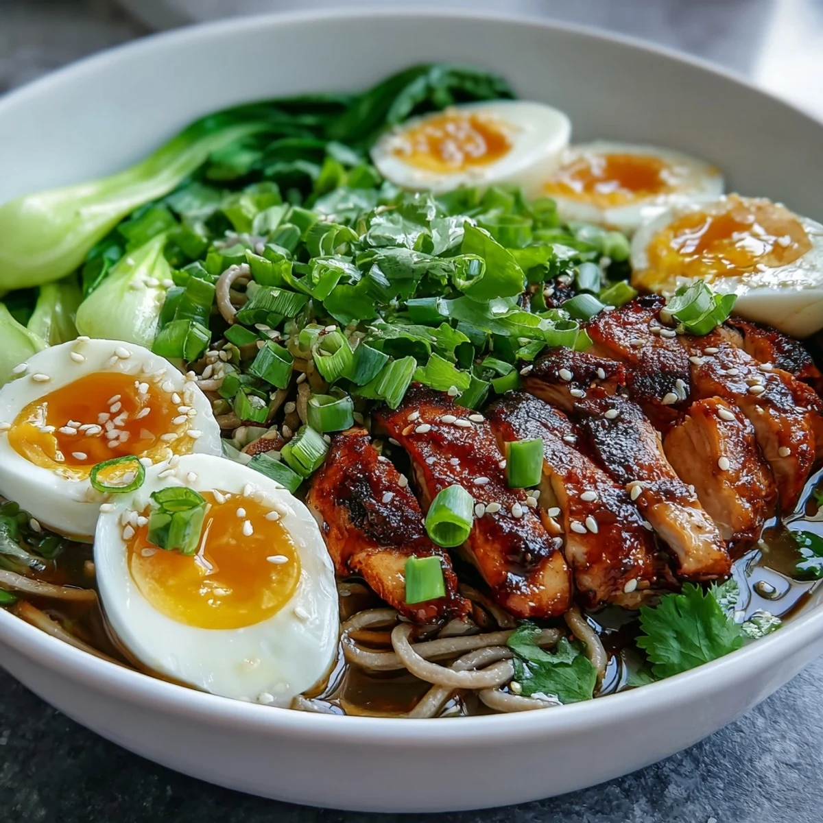 A close-up of Healthy Miso Chicken Noodle Bowls featuring chewy soba noodles, bok choy, and sliced chicken in a rich, savory broth topped with soft-boiled eggs.