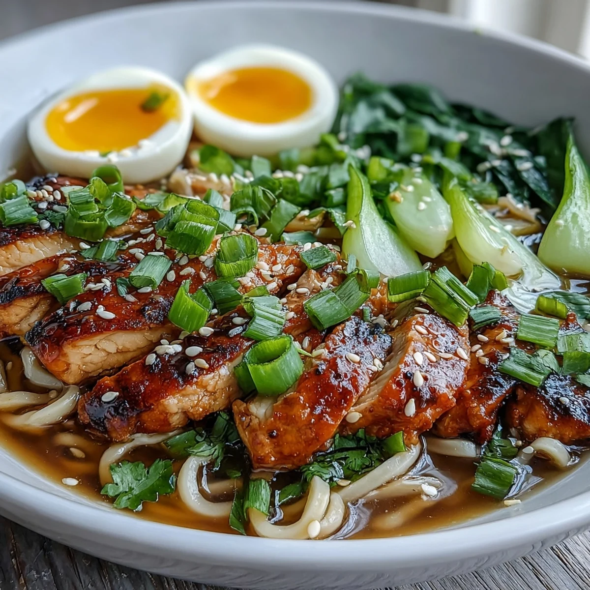 Overhead view of steaming Healthy Miso Chicken Noodle Bowls with vibrant vegetables, sesame seeds, and a drizzle of chili oil, ready to serve for a comforting dinner.