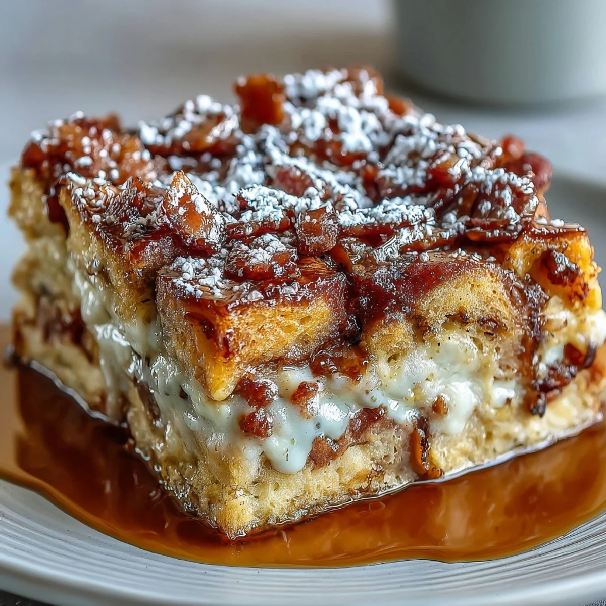 Golden-brown Monte Cristo Breakfast Casserole fresh from the oven, dusted with powdered sugar and drizzled with maple syrup.