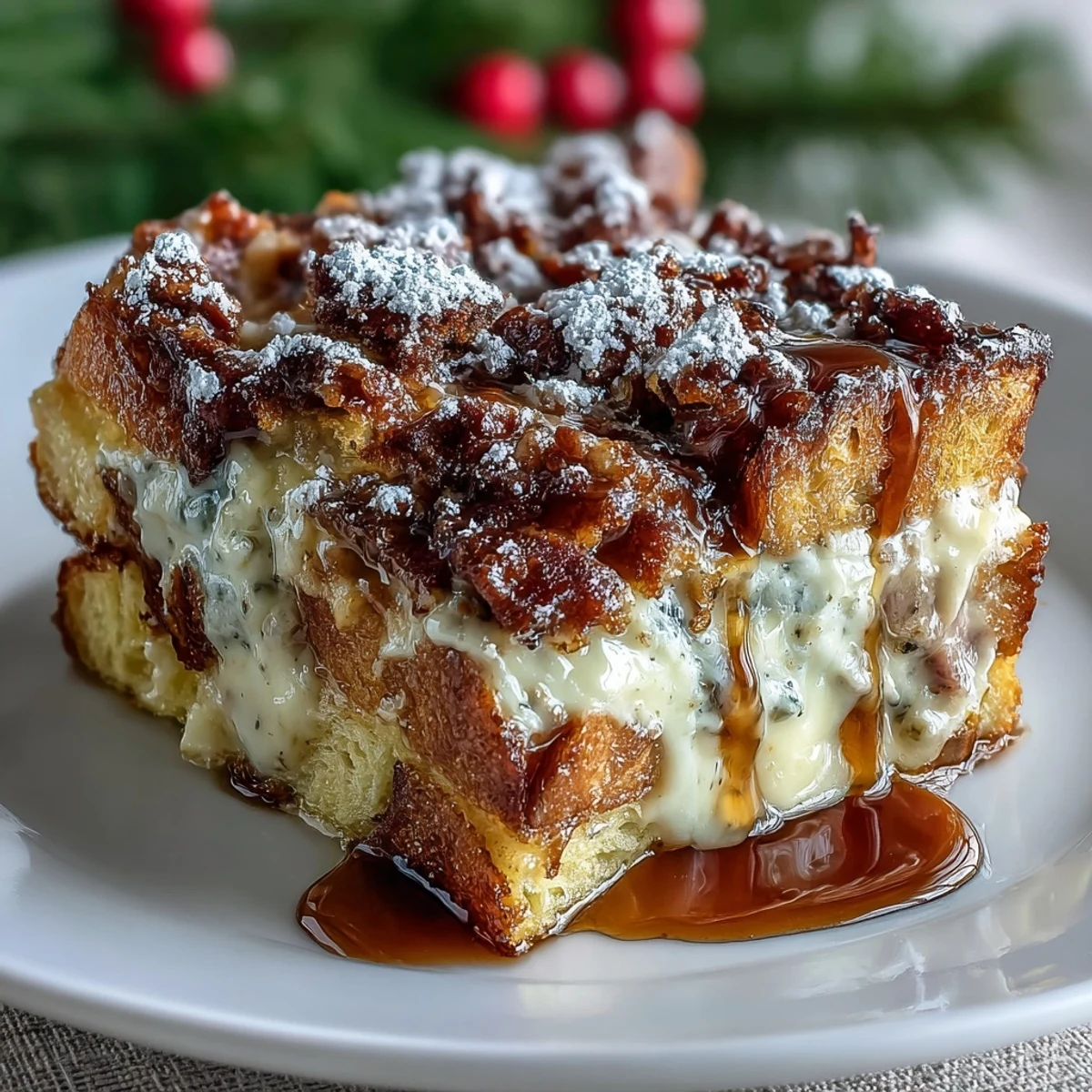 Savory Monte Cristo Breakfast Casserole with layers of ham, turkey, and Swiss cheese on a festive brunch table.