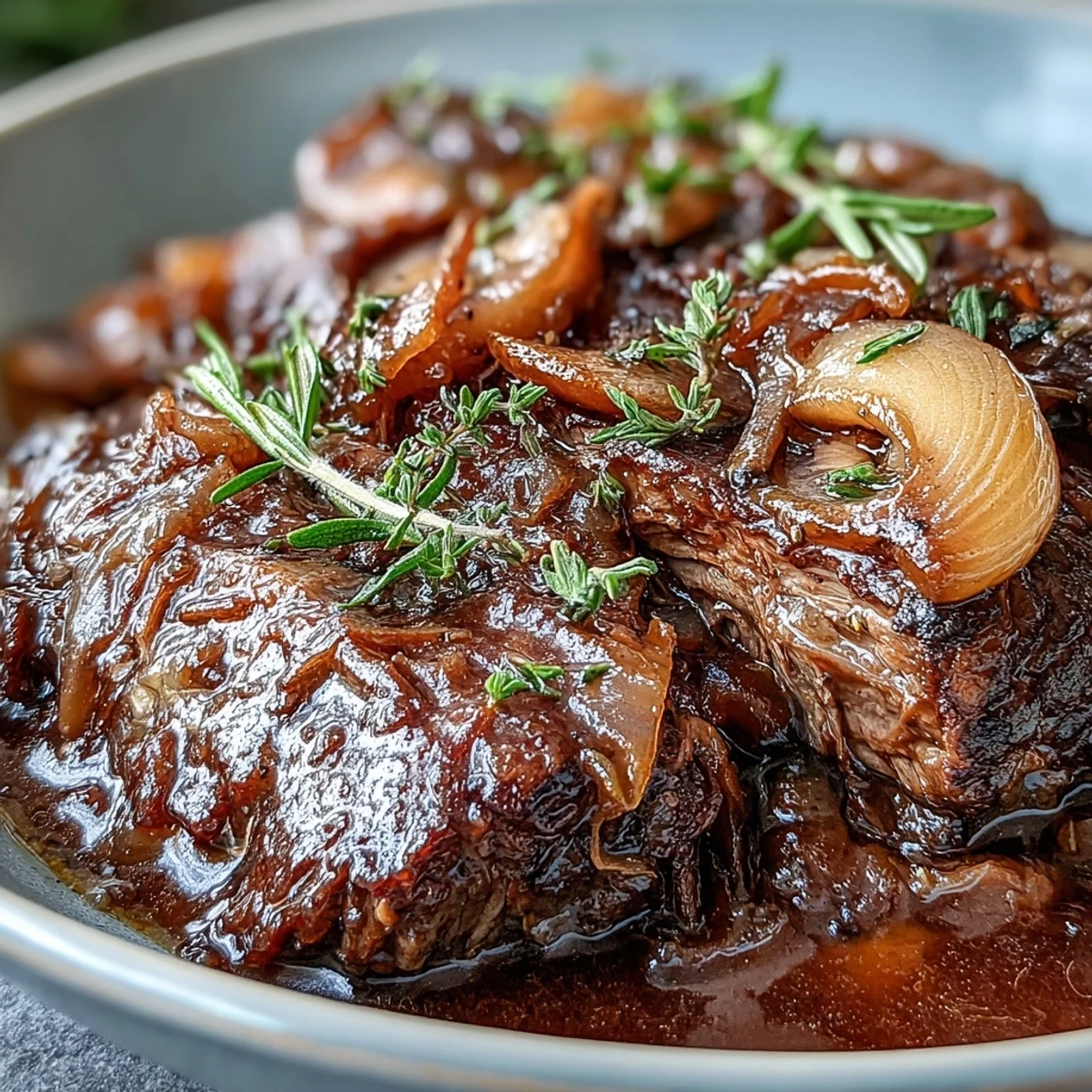 Slow cooker Savory Crock Pot French Onion Pot Roast served over mashed potatoes.