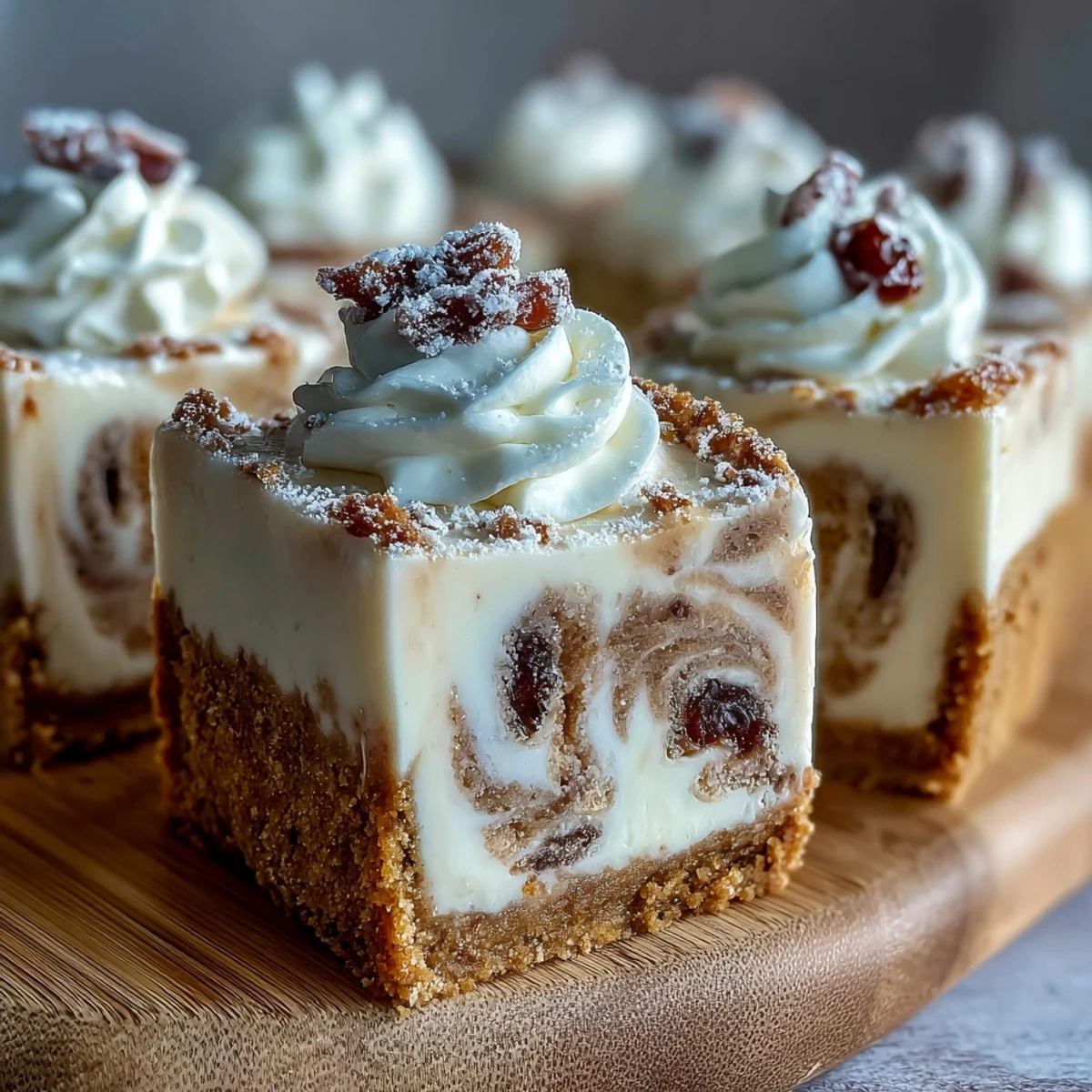A slice of Christmas Cheesecake Slab reveals a crunchy digestive biscuit crust and velvety, spice-swirled cream cheese filling.