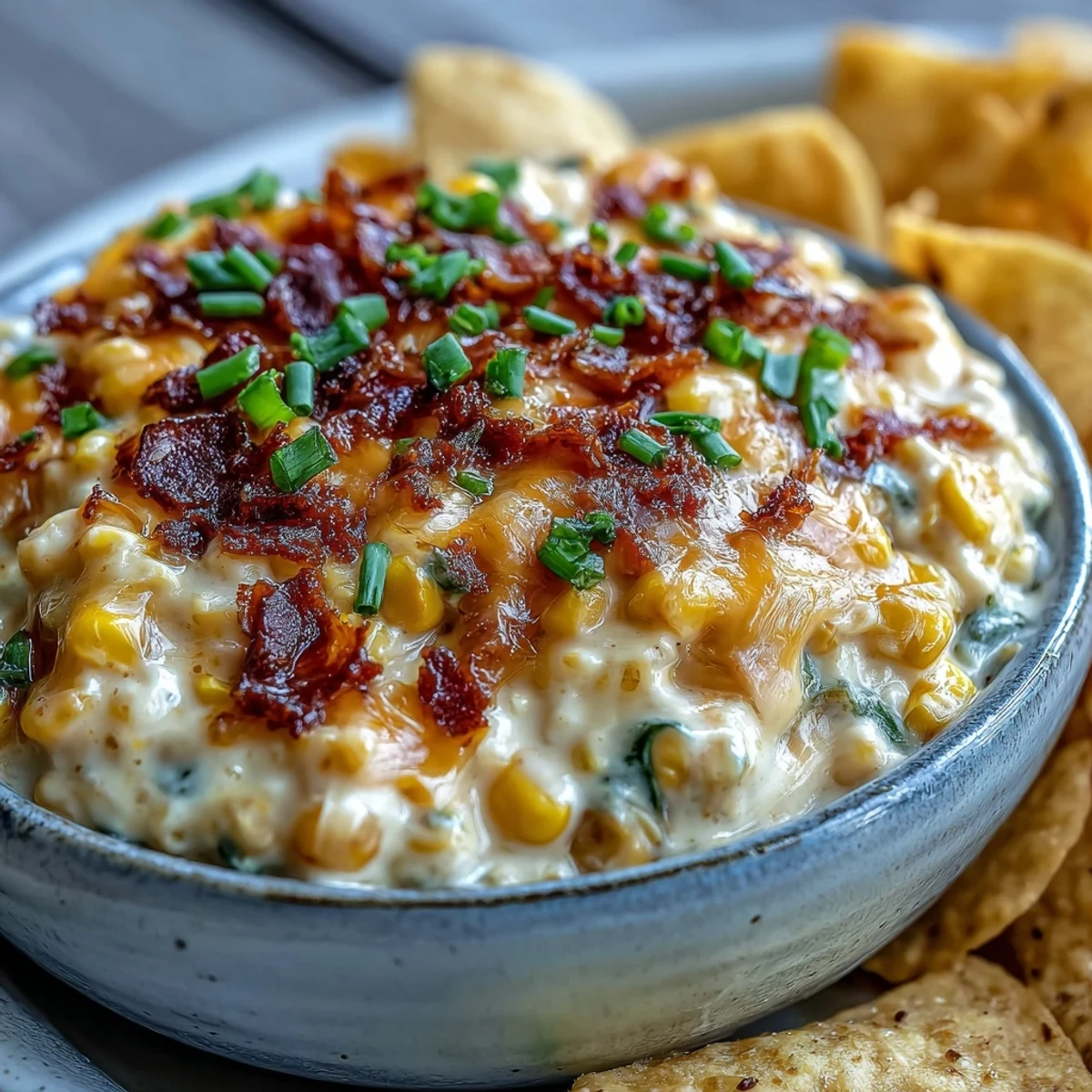 A bowl of creamy Crack Corn Dip topped with fresh green onions, served with crispy tortilla chips.