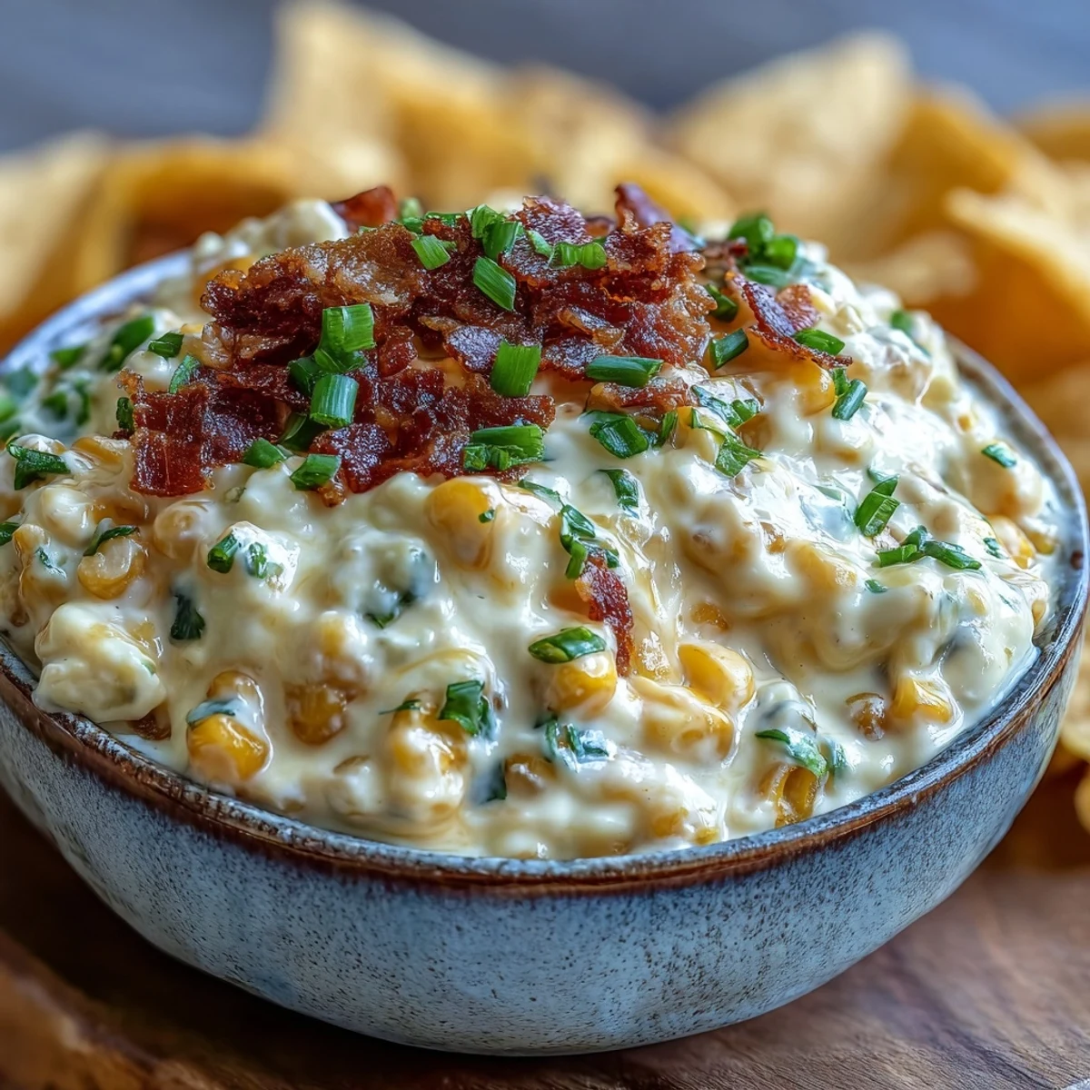 Warm Crack Corn Dip bubbling and golden, featuring sweet corn and cheddar cheese, perfect for a party appetizer.