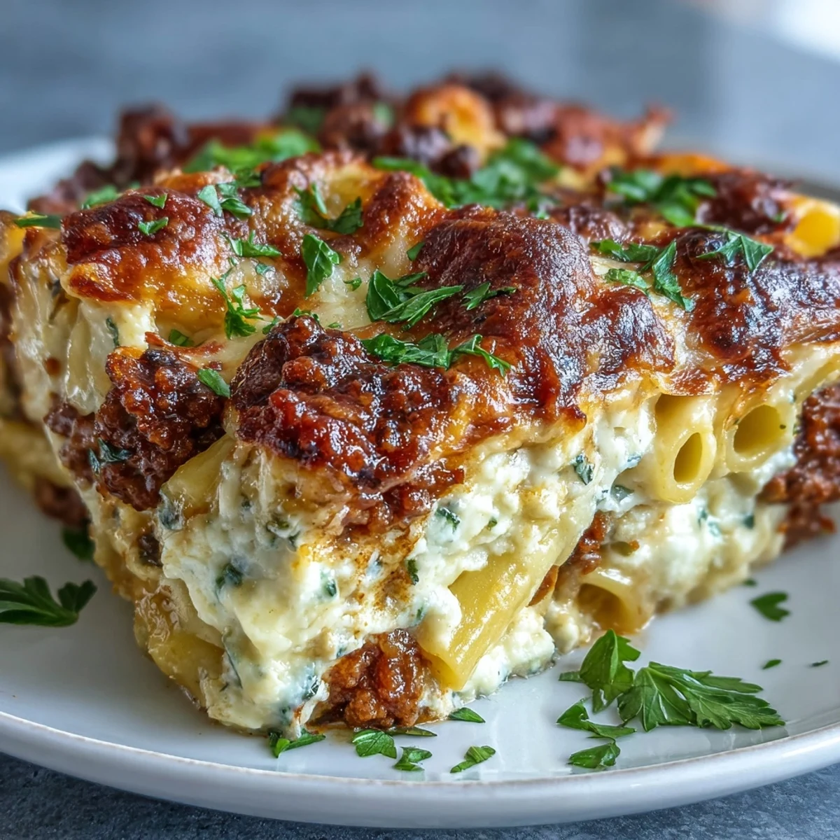 Overhead view of Cottage Cheese Protein Pasta Bake with ground beef, featuring bubbling golden mozzarella on a rustic table.