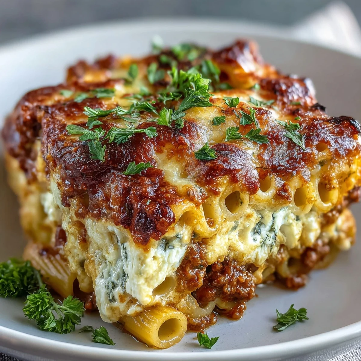 Spoon lifting a portion of Cottage Cheese Protein Pasta Bake, revealing creamy cottage cheese and rich tomato beef sauce inside.