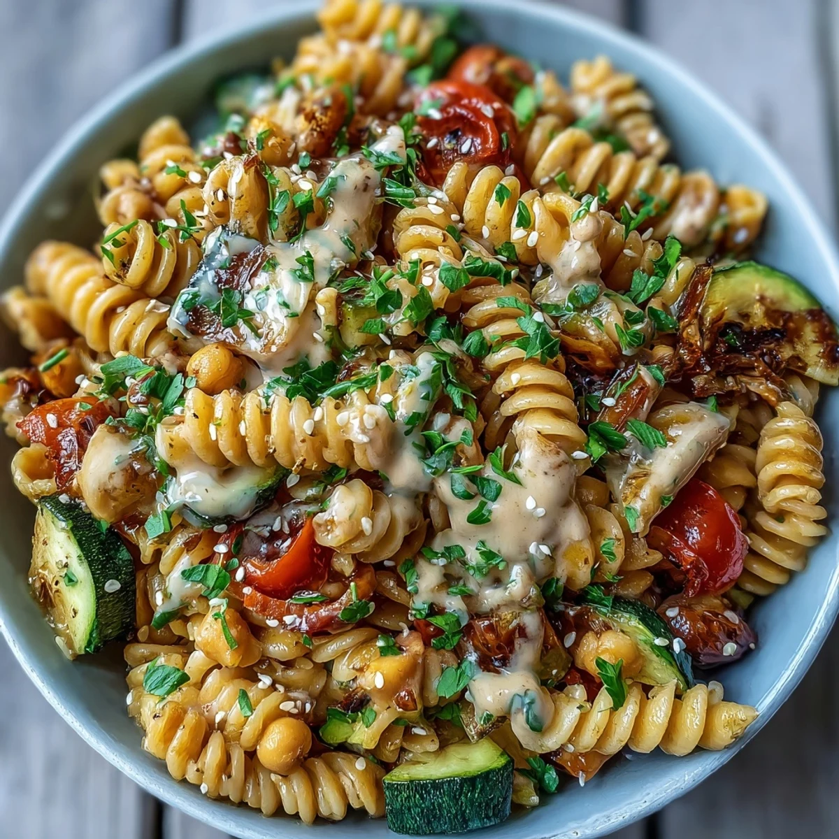 A finished plate of chickpea pasta bowl with zucchini, bell peppers, and cherry tomatoes ready to serve.