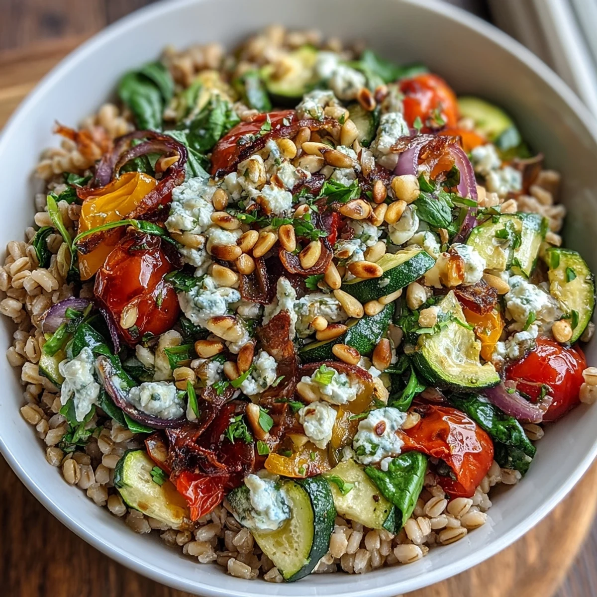 Colorful Mediterranean Farro Pasta Bowl topped with crumbled feta, pine nuts, and fresh parsley.