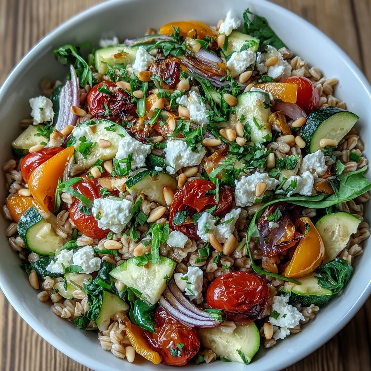 Savory farro pasta bowl featuring zucchini, bell peppers, and spinach tossed in a zesty lemon dressing.