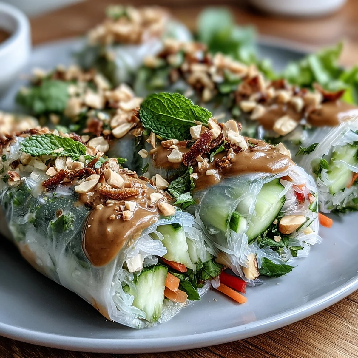 Deconstructed Rice Paper Roll Bowl with creamy peanut sauce drizzled over crisp veggies and silky rice paper shards.