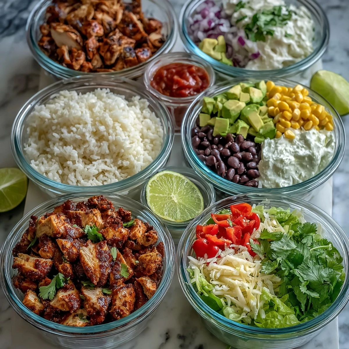 A fresh and vibrant Meal Prep Burrito Bowl Base featuring avocado slices, juicy tomatoes, and shredded lettuce for a crunchy texture.