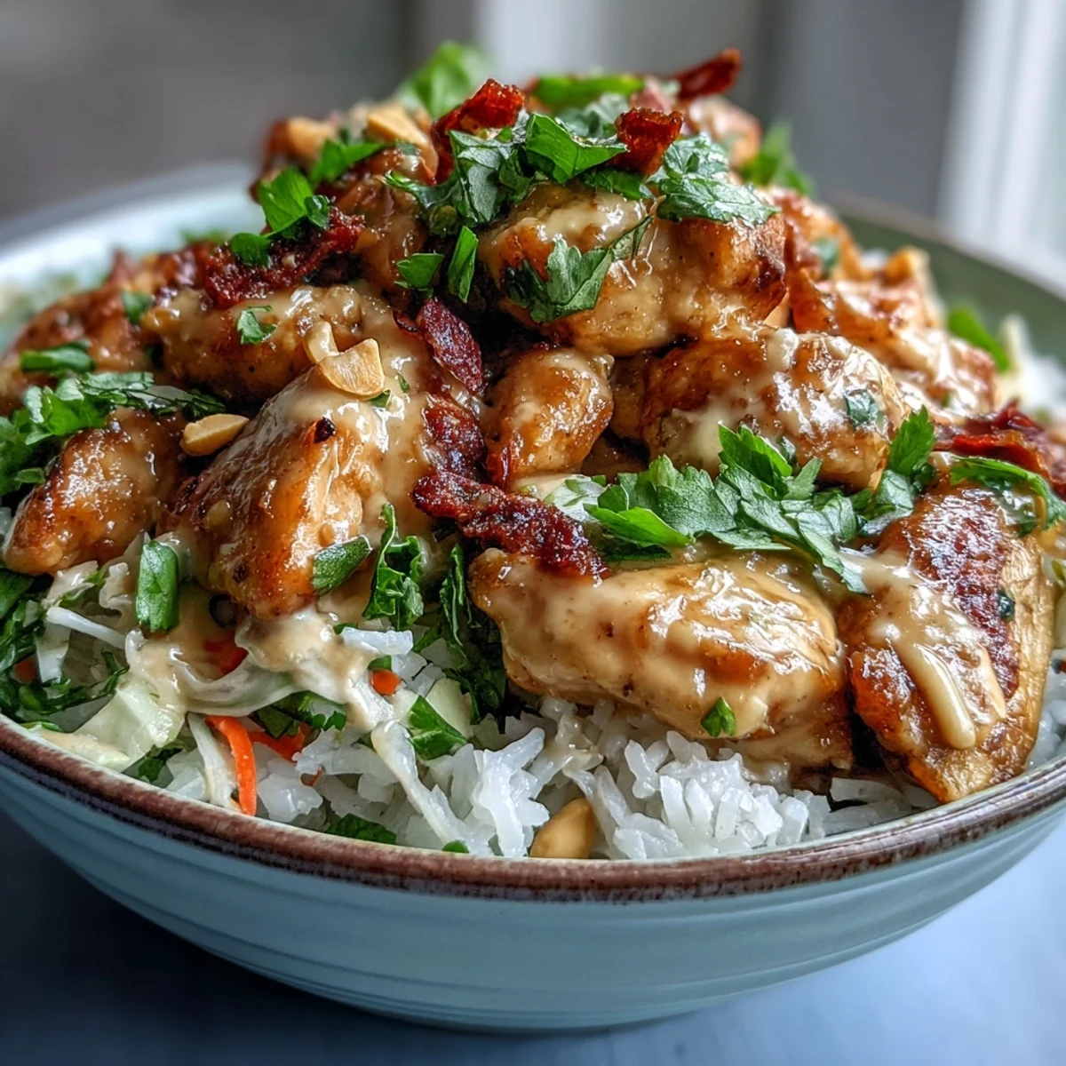 Fragrant coconut rice and sautéed chicken build this high-protein Peanut Chicken Protein Bowl, topped with crisp veggies and creamy peanut drizzle.